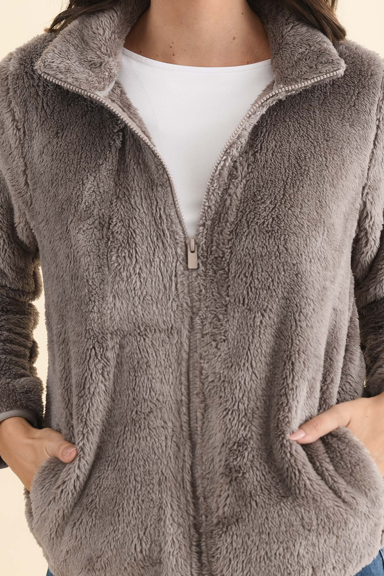 Ackerley Taupe Faux Fur Jacket - Image 6