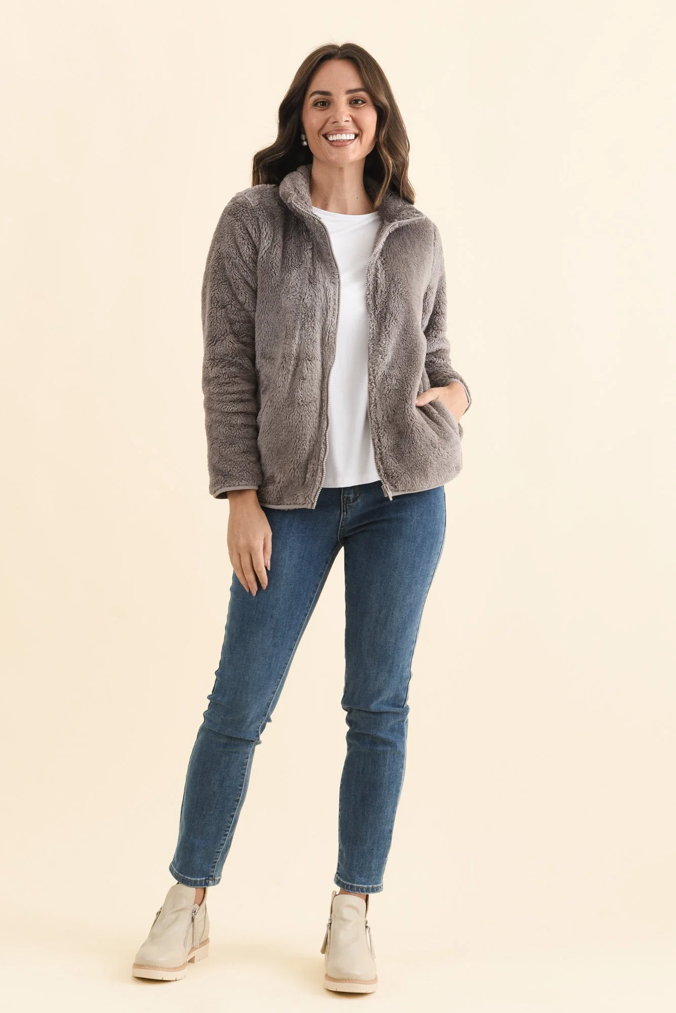 Ackerley Taupe Faux Fur Jacket - Image 7