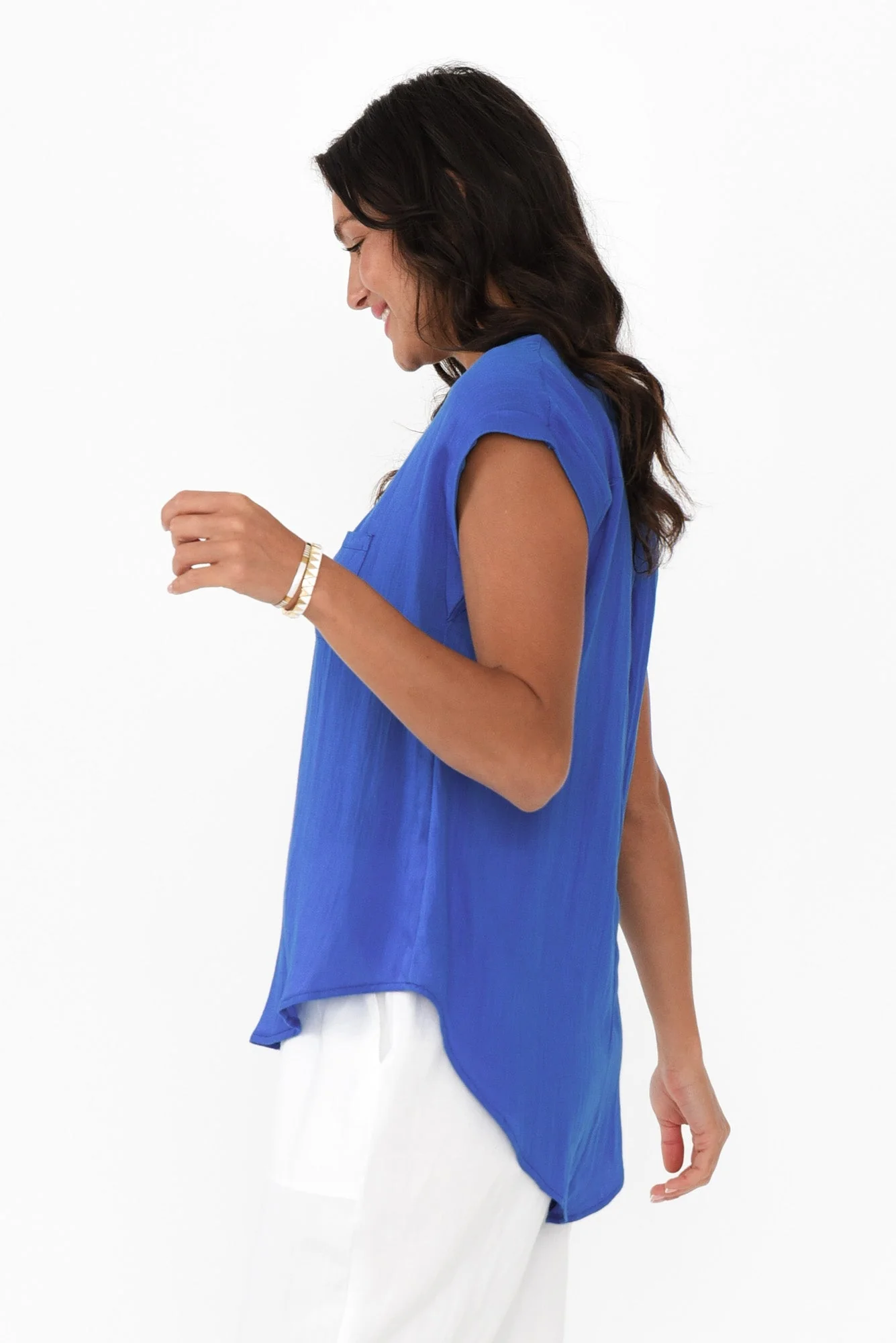 Aiden Cobalt Linen Blend Pocket Top - Image 3