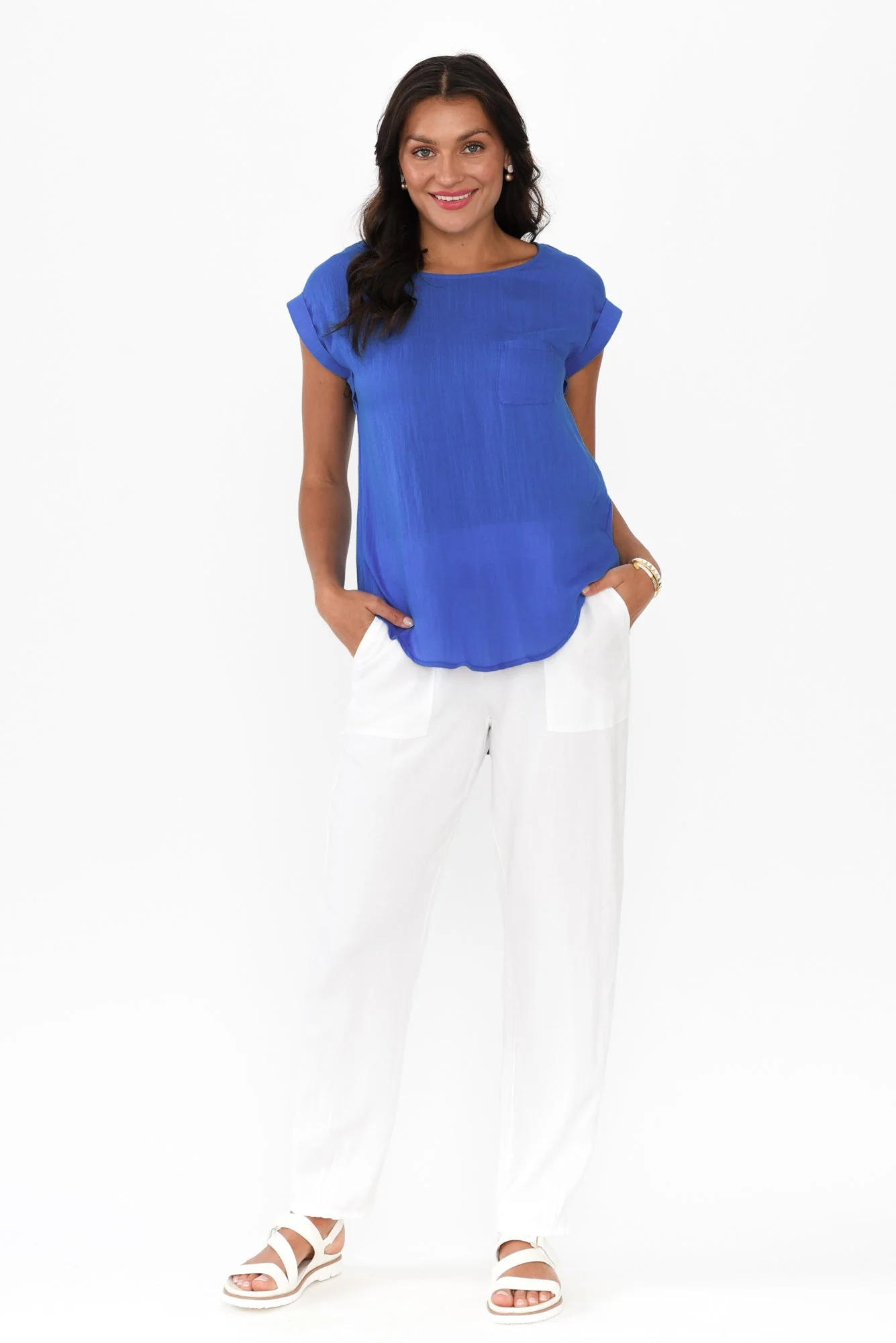 Aiden Cobalt Linen Blend Pocket Top - Image 6