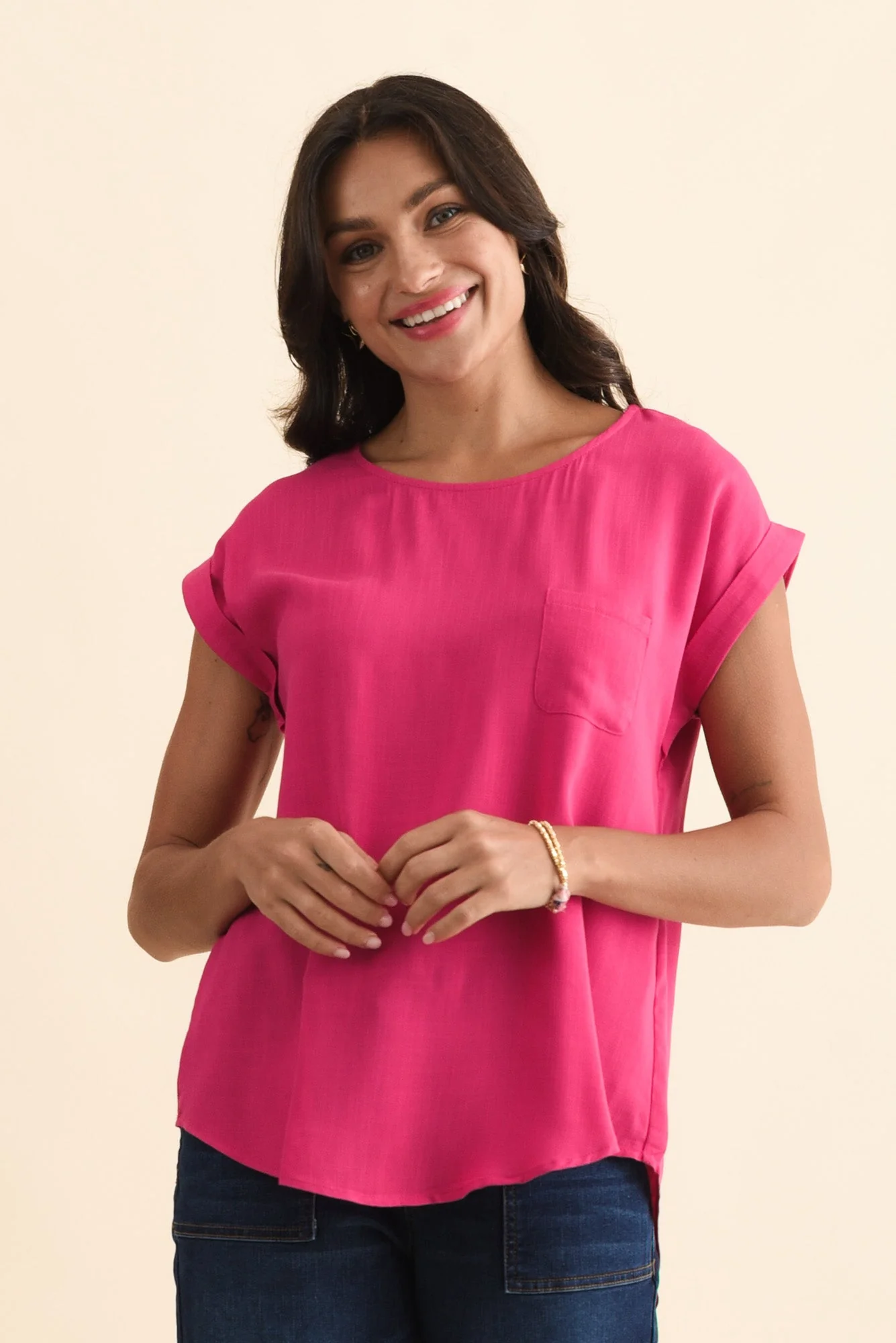 Aiden Hot Pink Linen Blend Pocket Top