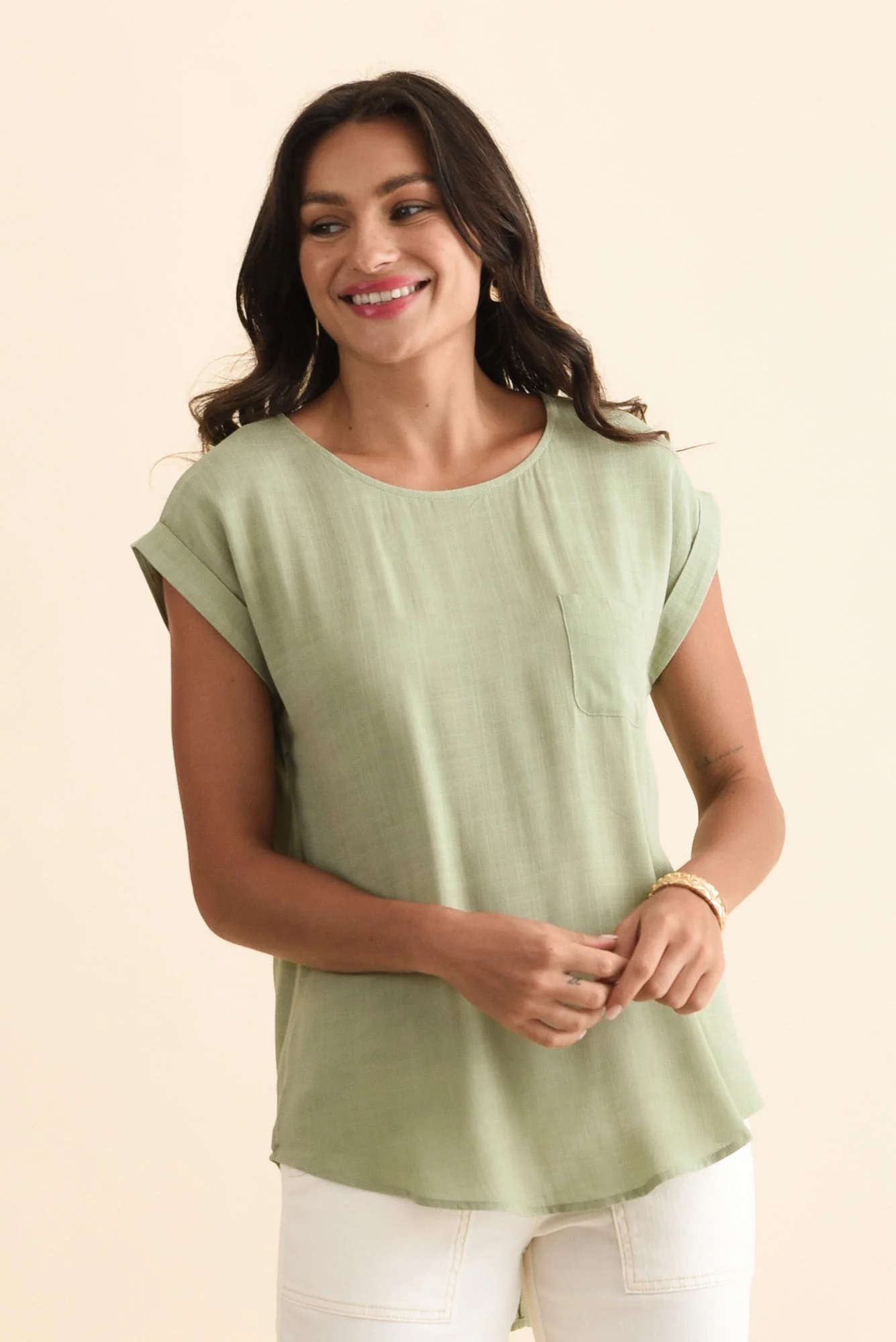 Aiden Sage Linen Blend Pocket Top