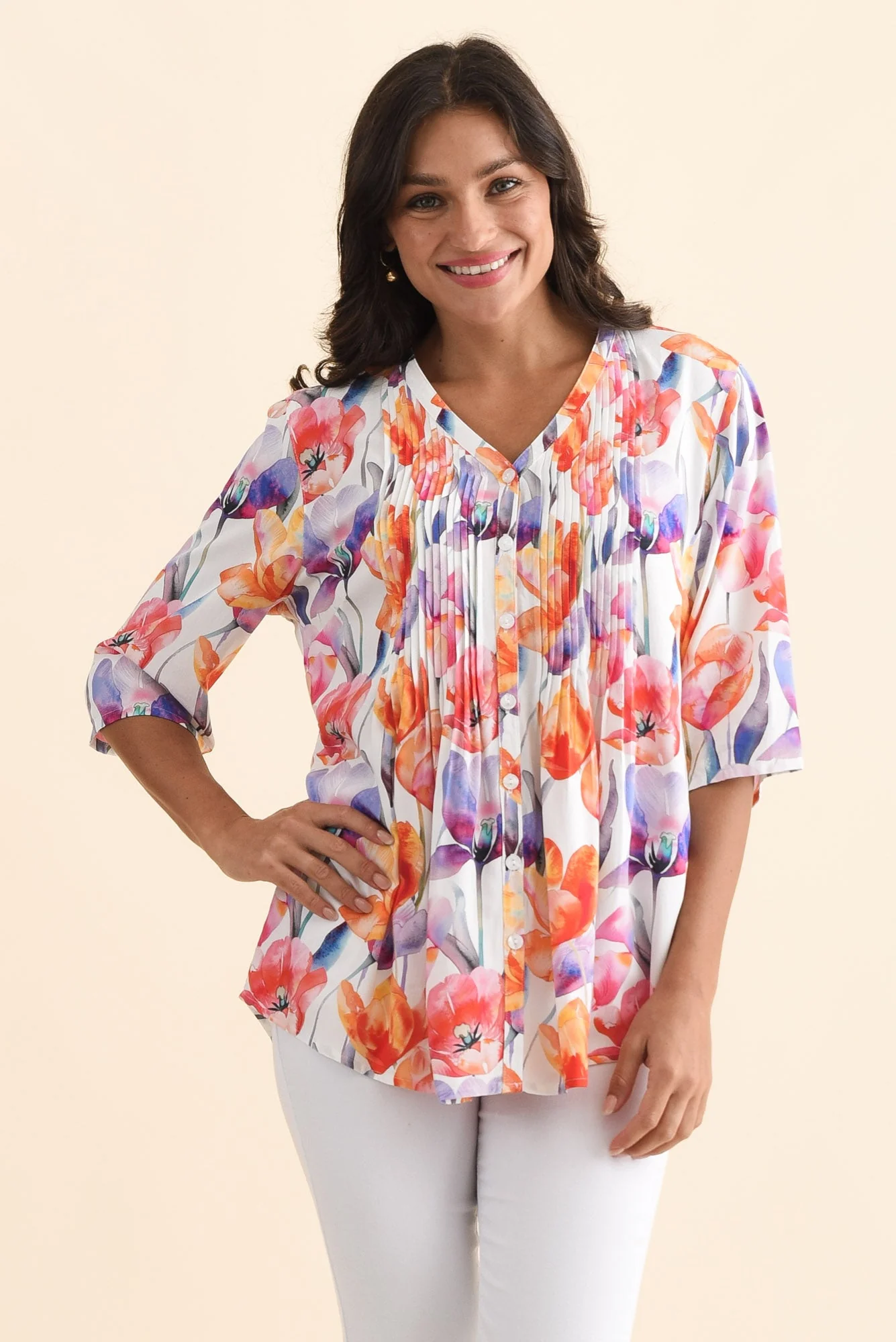 Alby Orange Flower Pleated Blouse