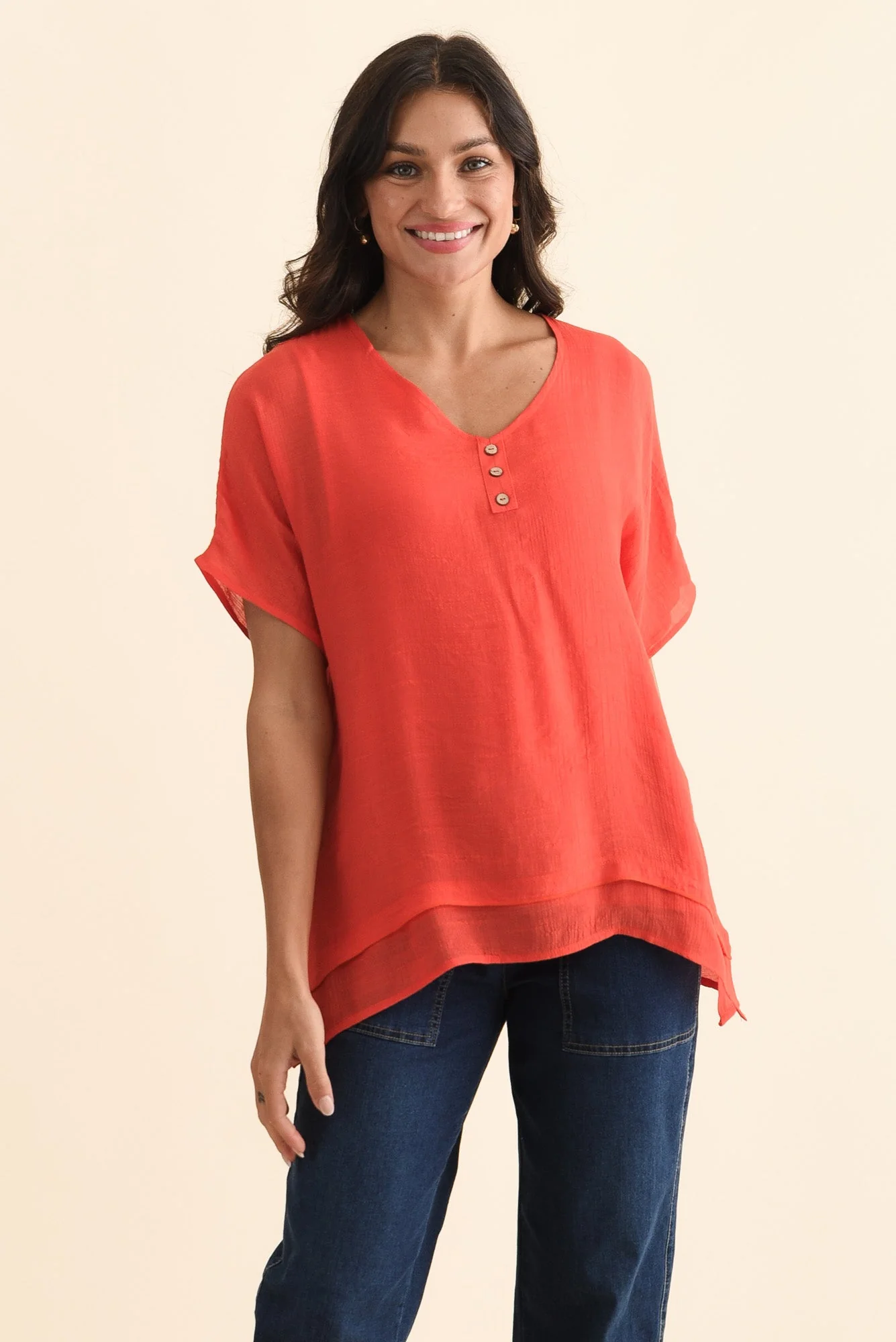 Alison Coral Layered Button Top