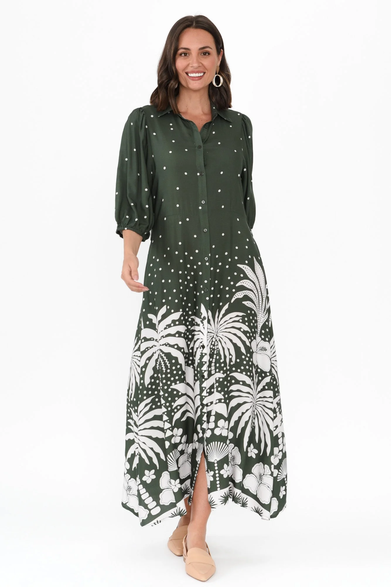 Alivia Khaki Tropical Shirt Dress - Image 2