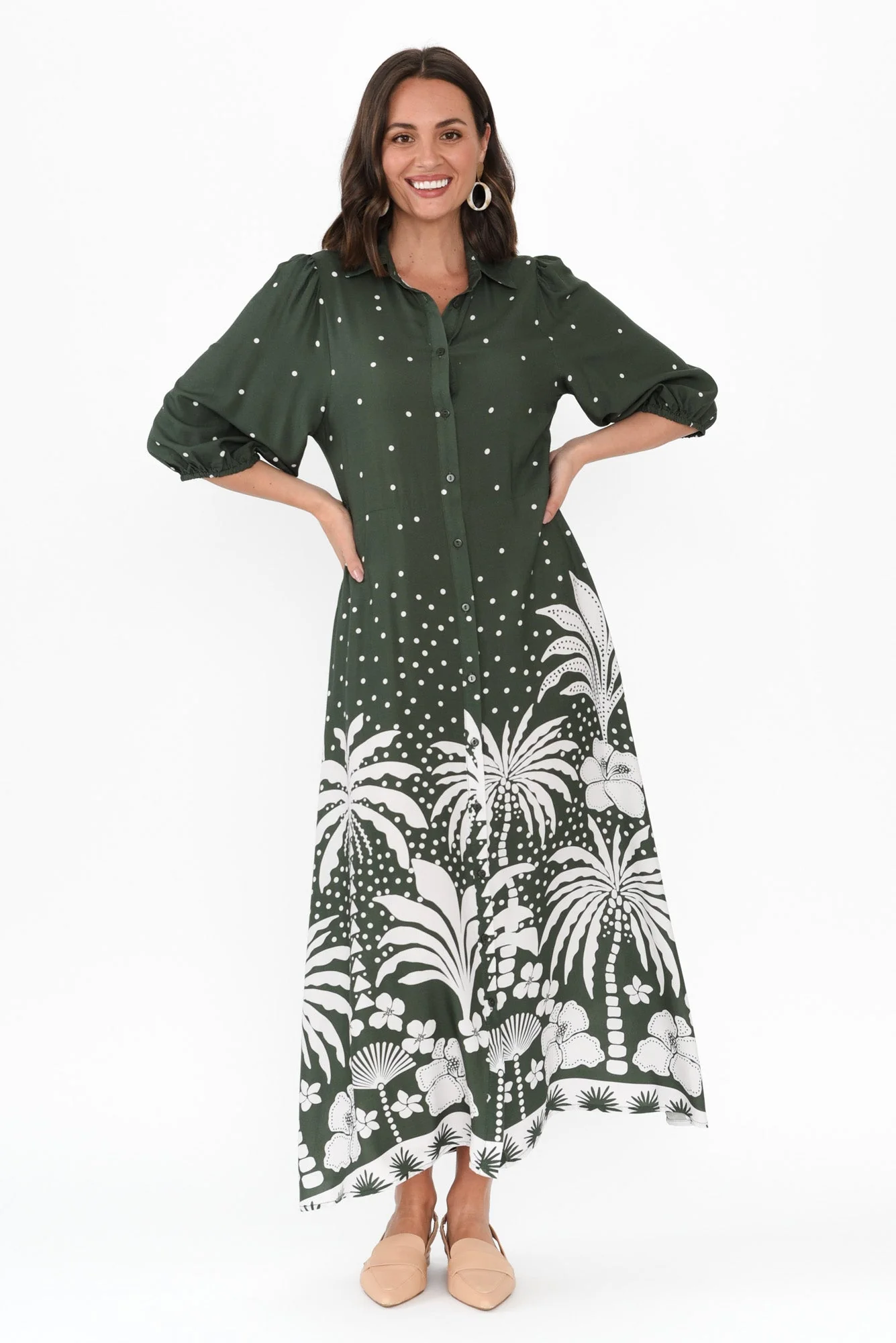 Alivia Khaki Tropical Shirt Dress - Image 6