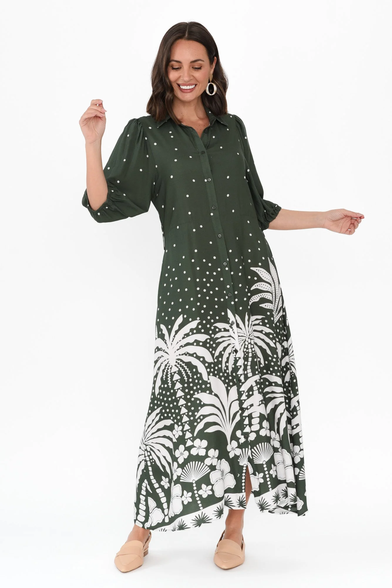 Alivia Khaki Tropical Shirt Dress - Image 7