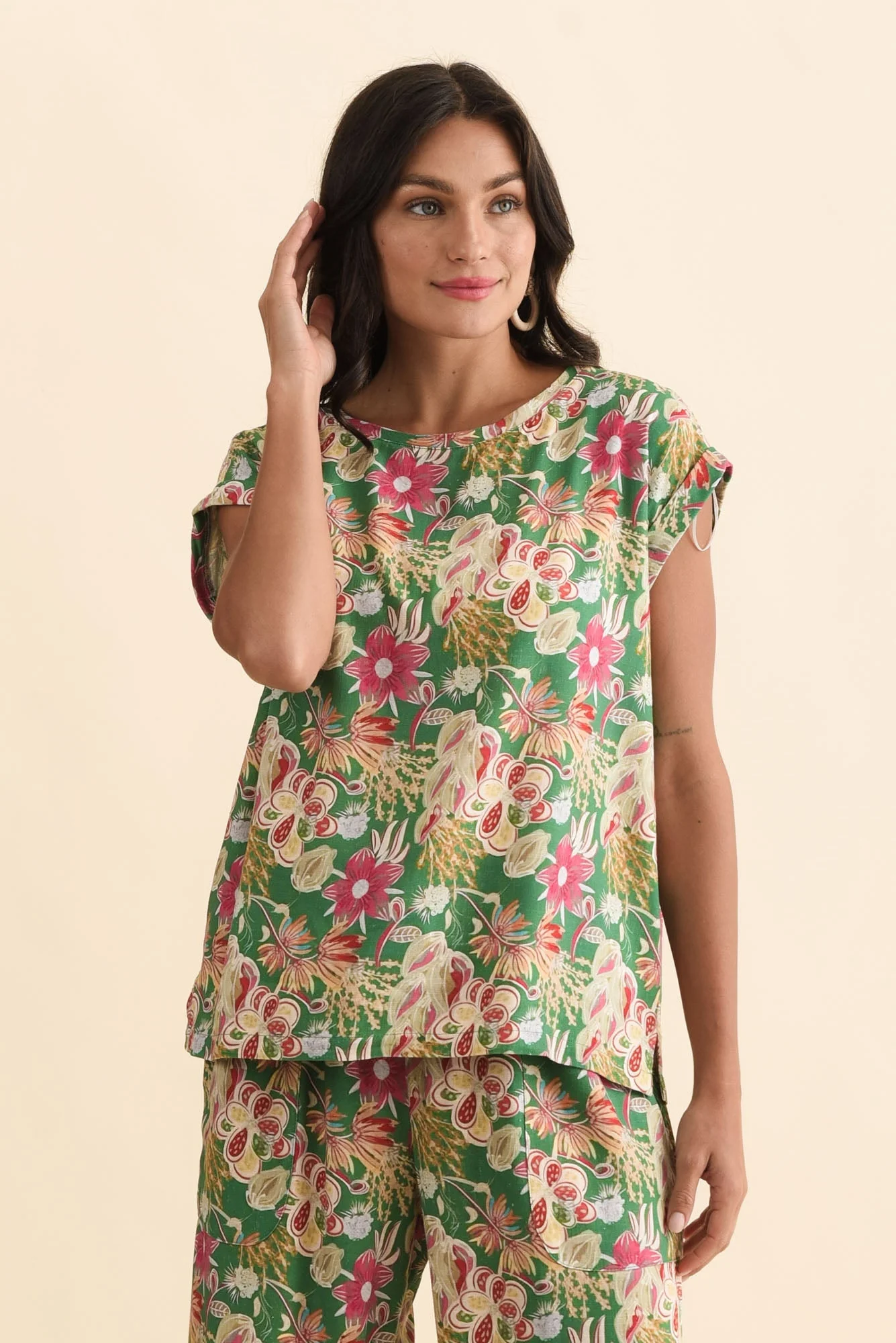 Alta Green Flower Linen Cotton Top - Image 2