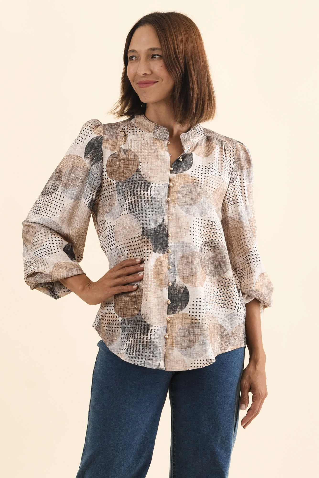 Alvarez Brown Spot Button Blouse