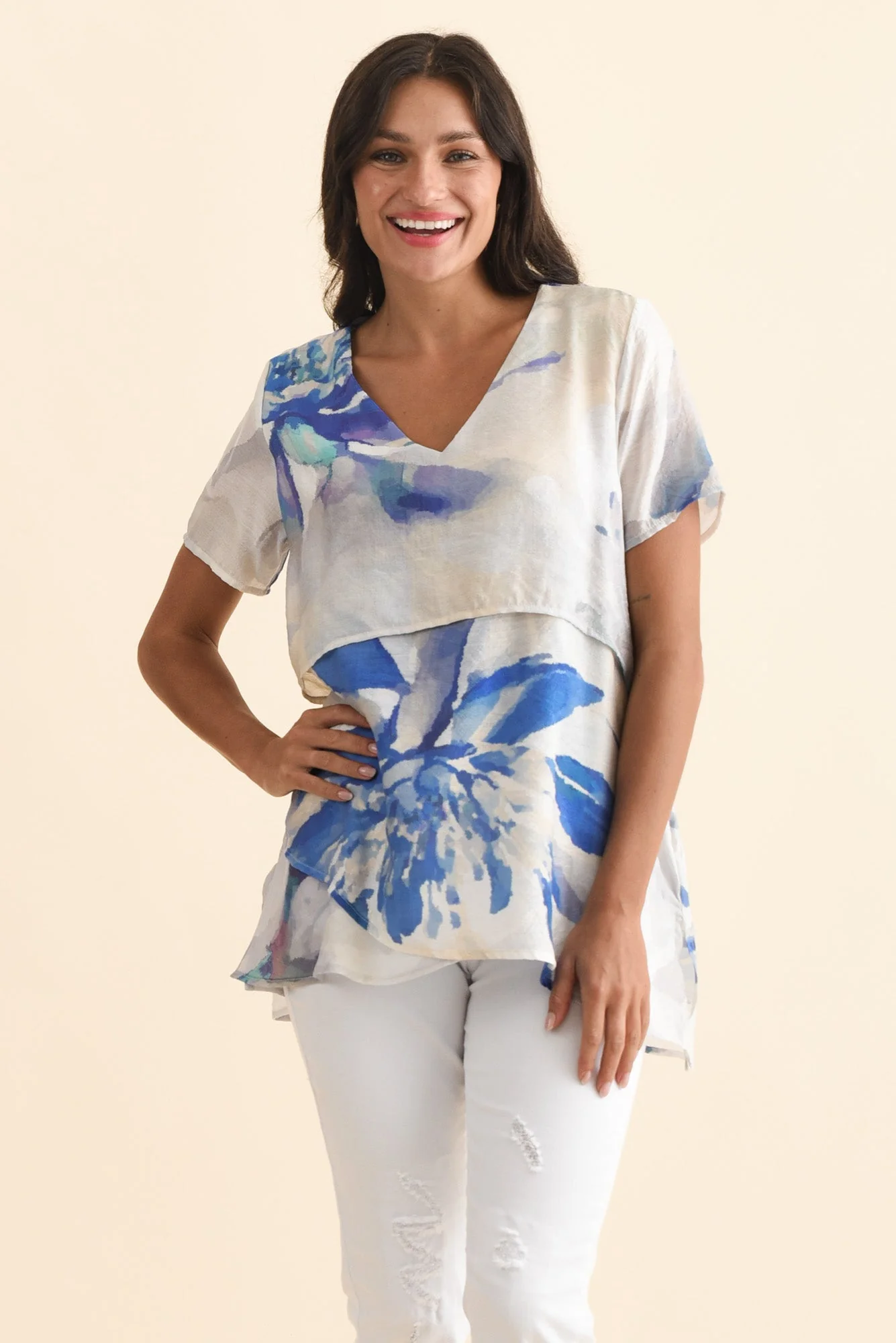 Alvina Blue Flower Layered Tunic Top