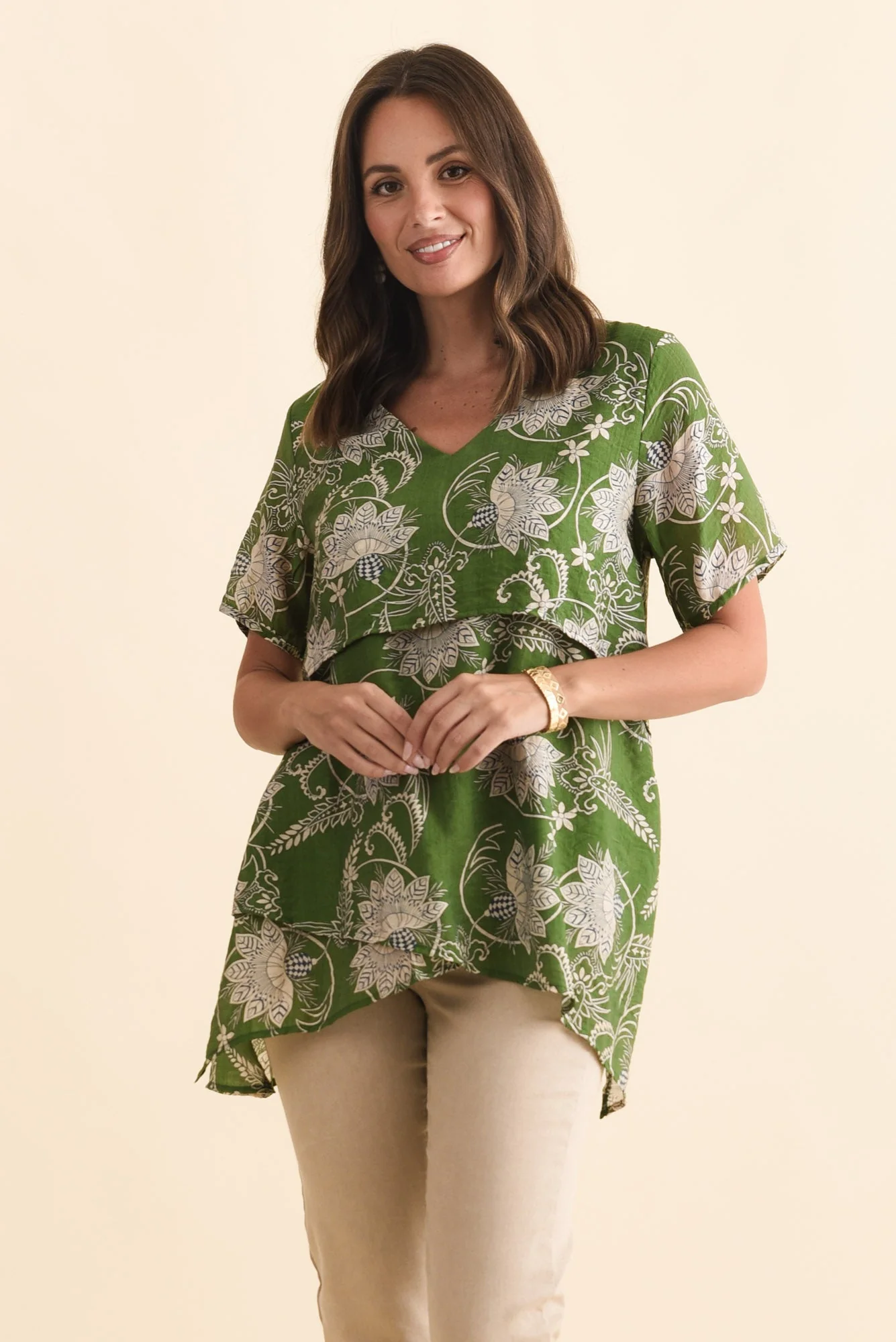 Alvina Green Floral Layered Tunic Top