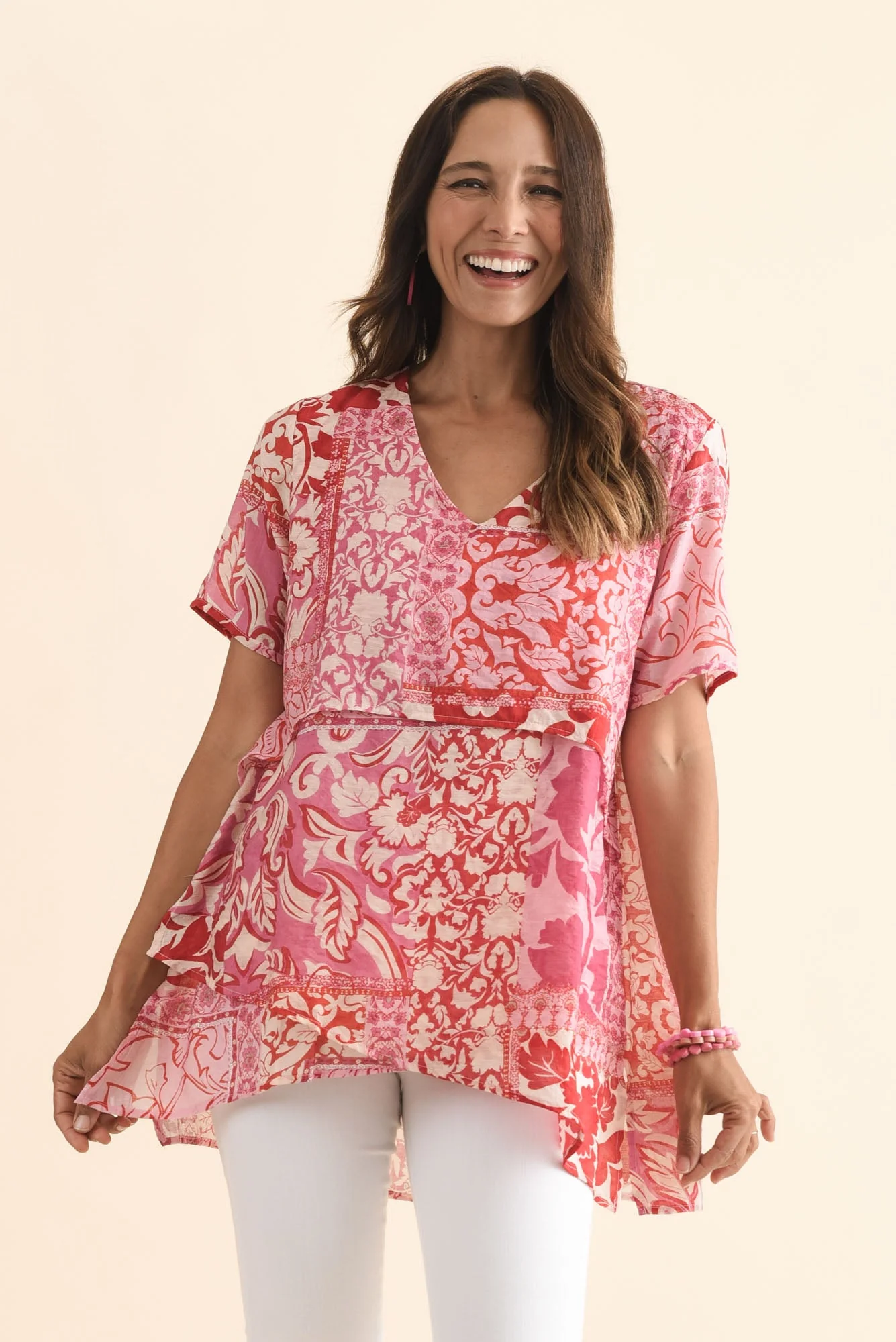 Alvina Pink Abstract Layered Tunic Top