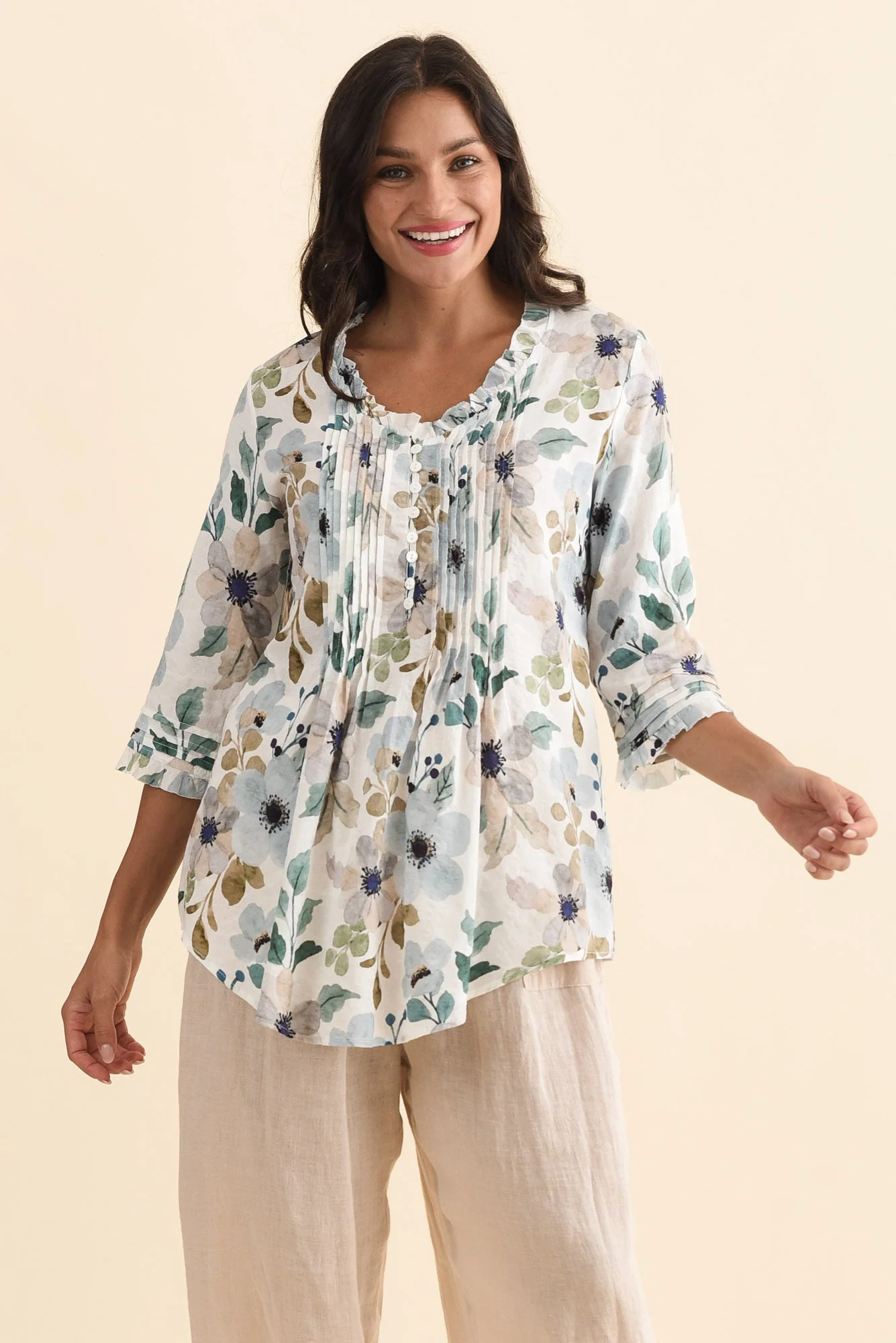 Angelo Blue Floral Cotton Button Top