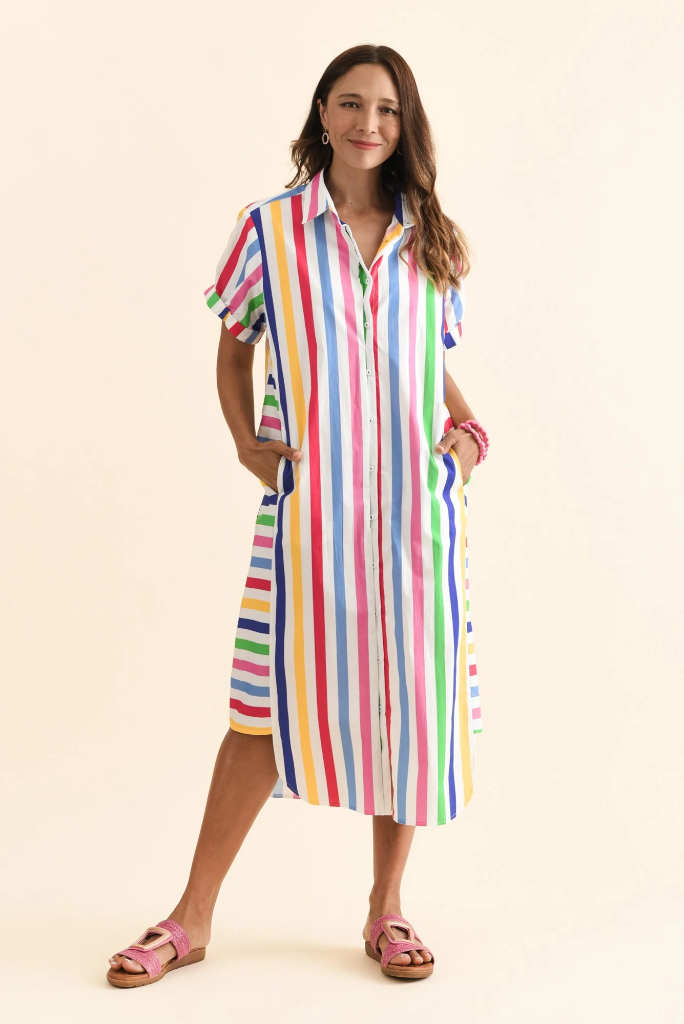 Ashley White Stripe Cotton Shirt Dress