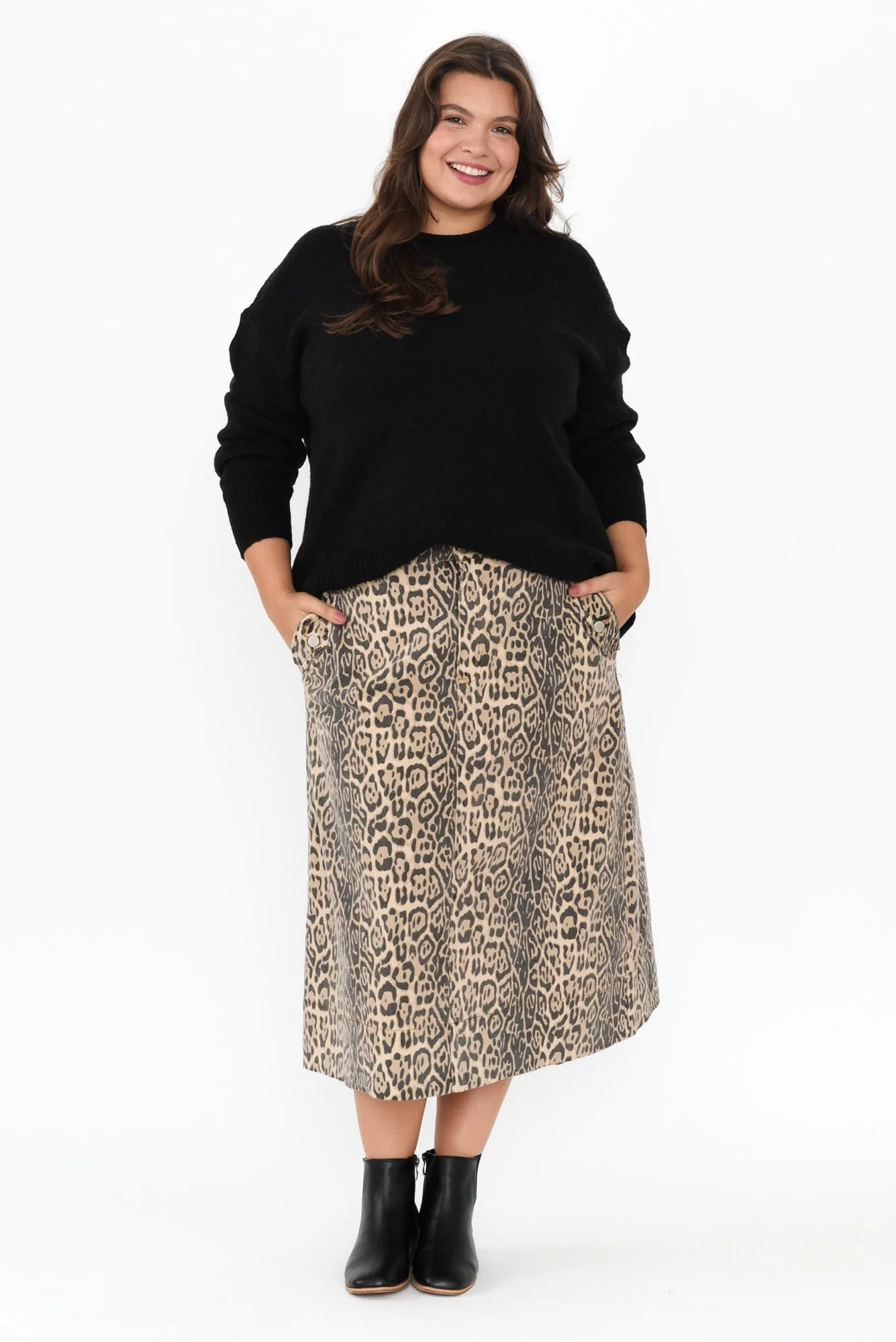 Astra Brown Leopard Denim Midi Skirt - Image 12