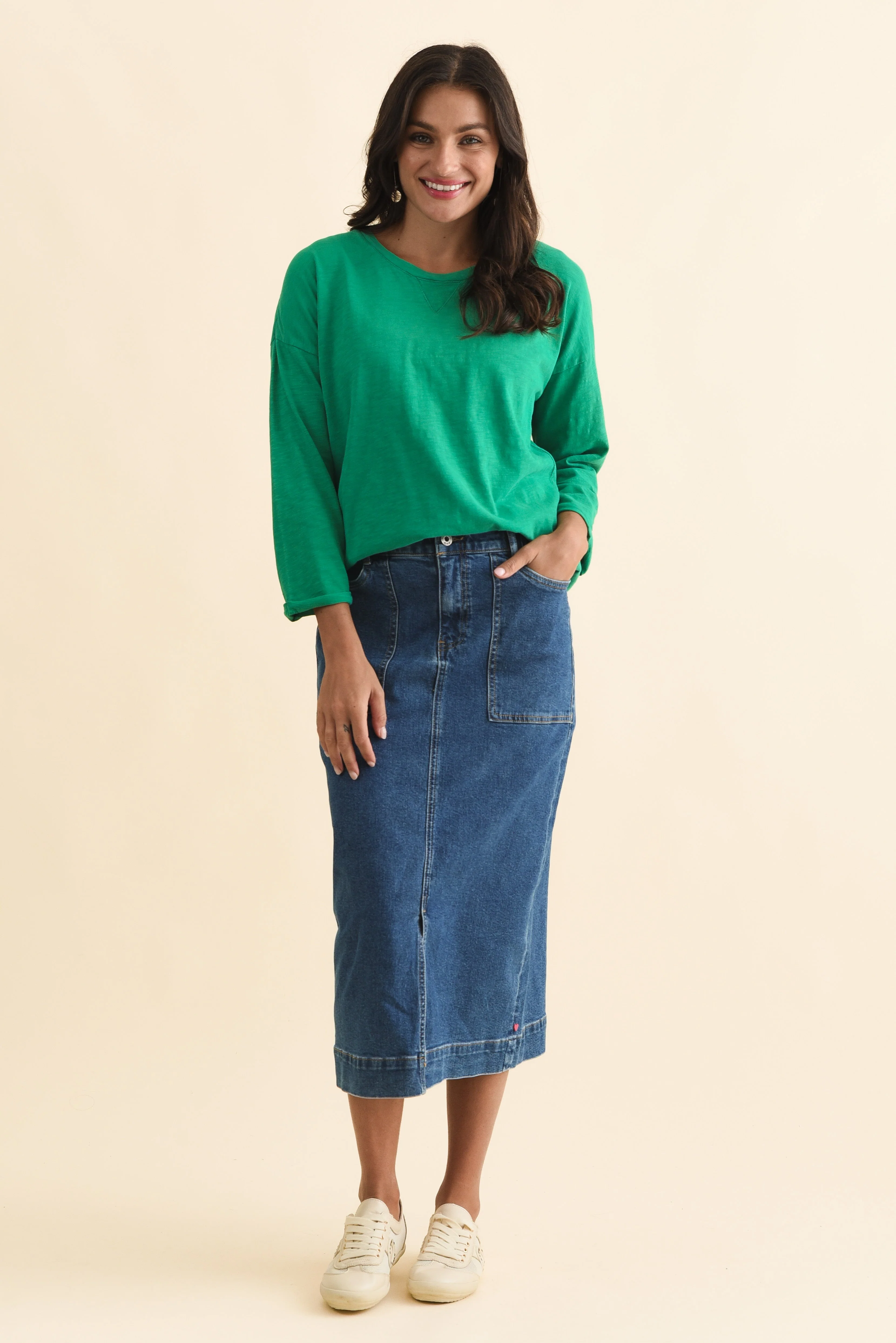 Attie Dark Blue Denim Stretch Midi Skirt - Image 2