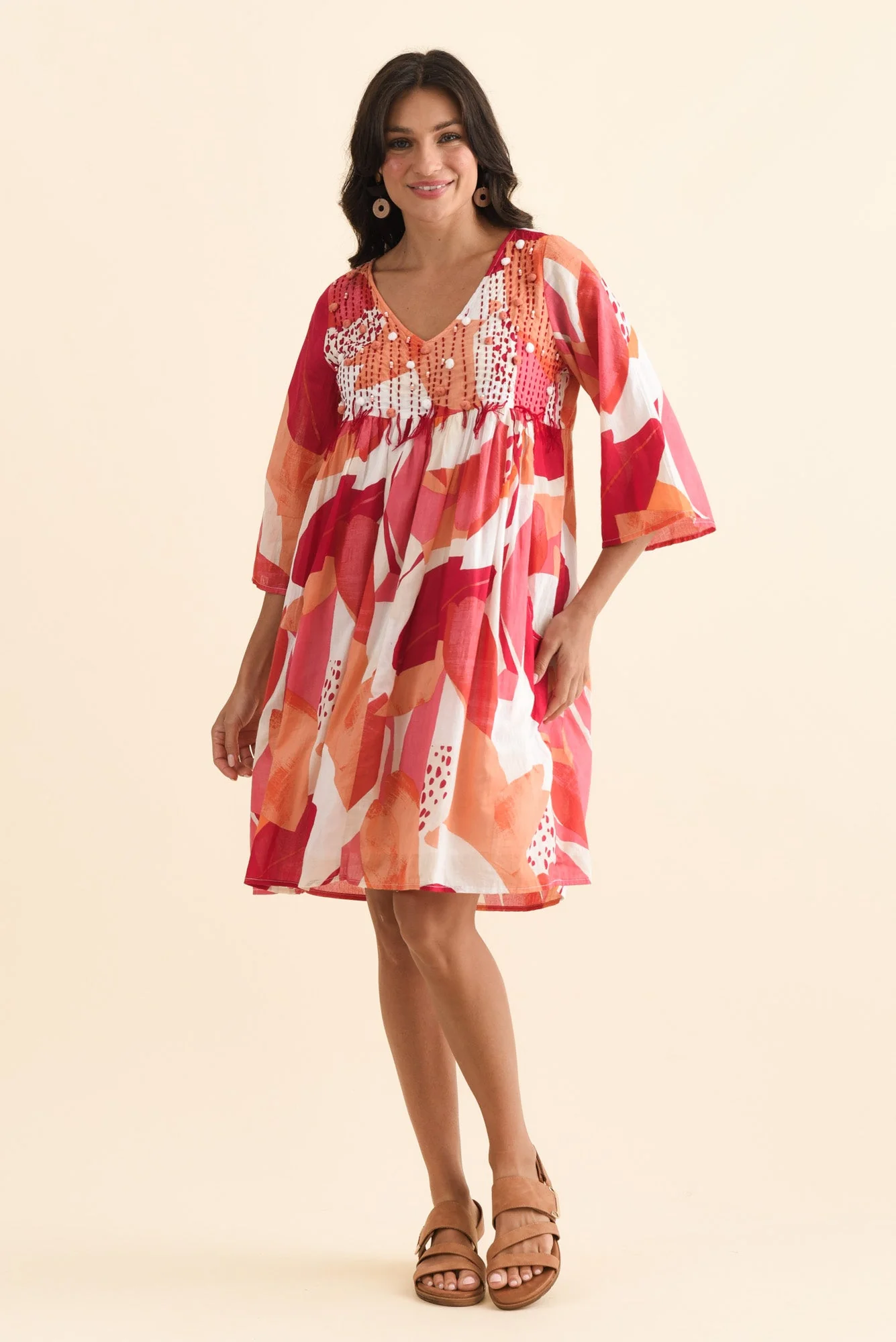 Ava Pink Abstract Cotton Pocket Dress - Image 2