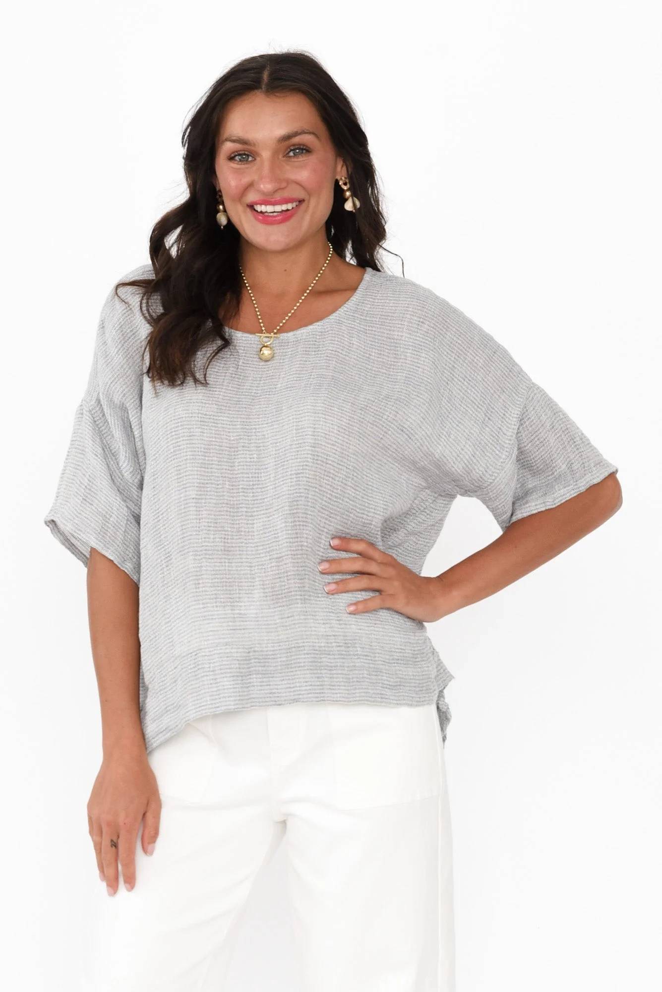Barbara Light Blue Stripe Linen Top