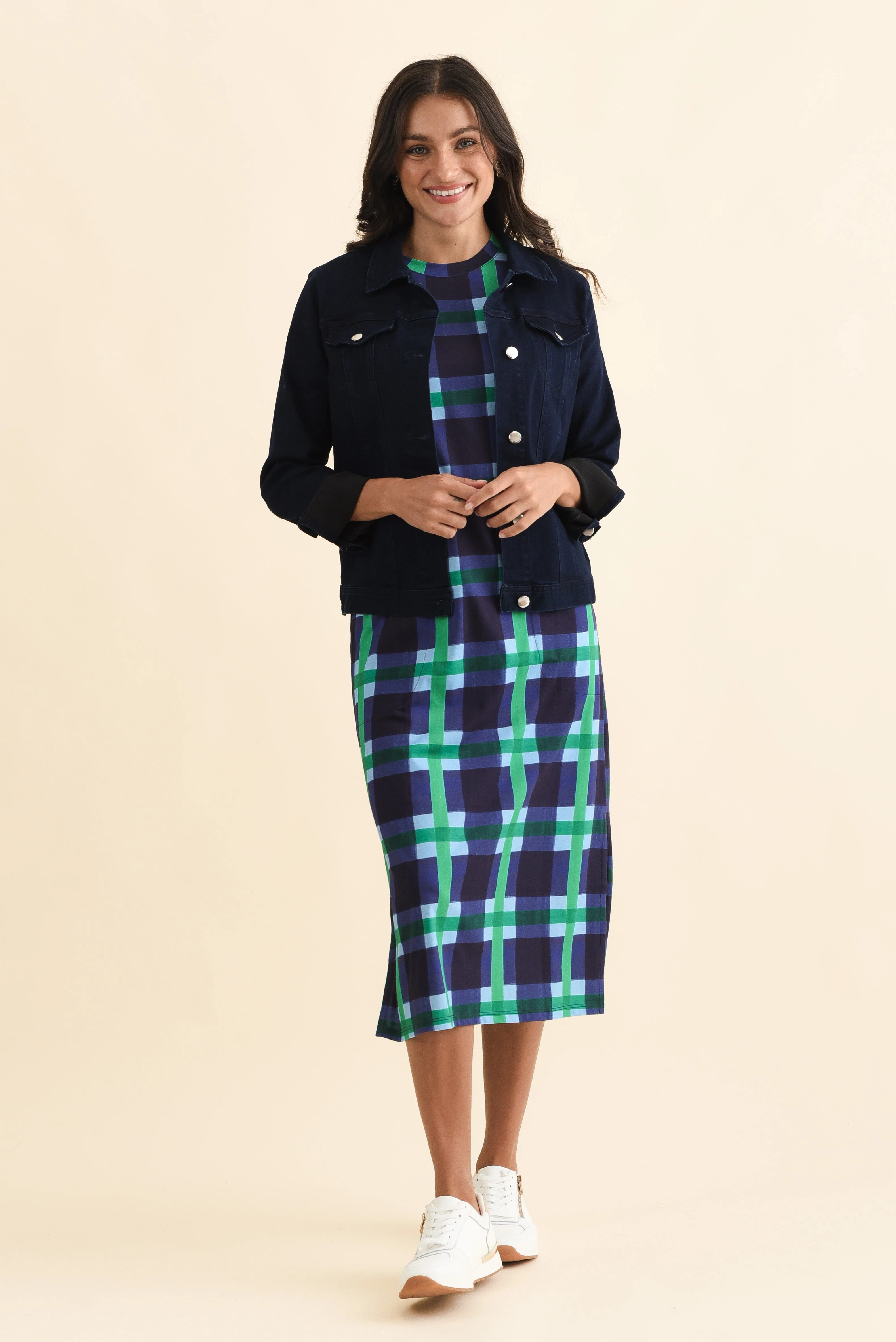 Bari Navy Check Cotton Tee Dress