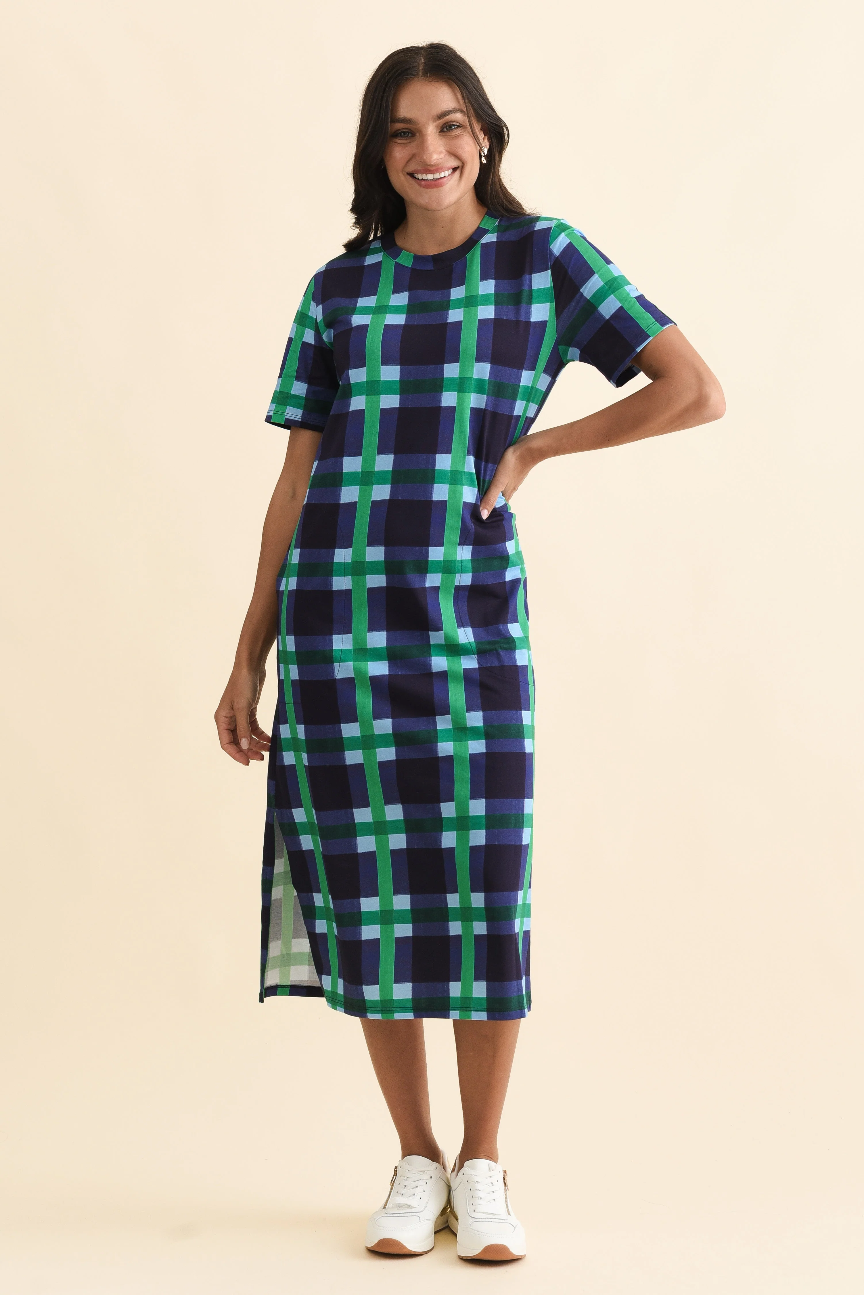 Bari Navy Check Cotton Tee Dress - Image 2