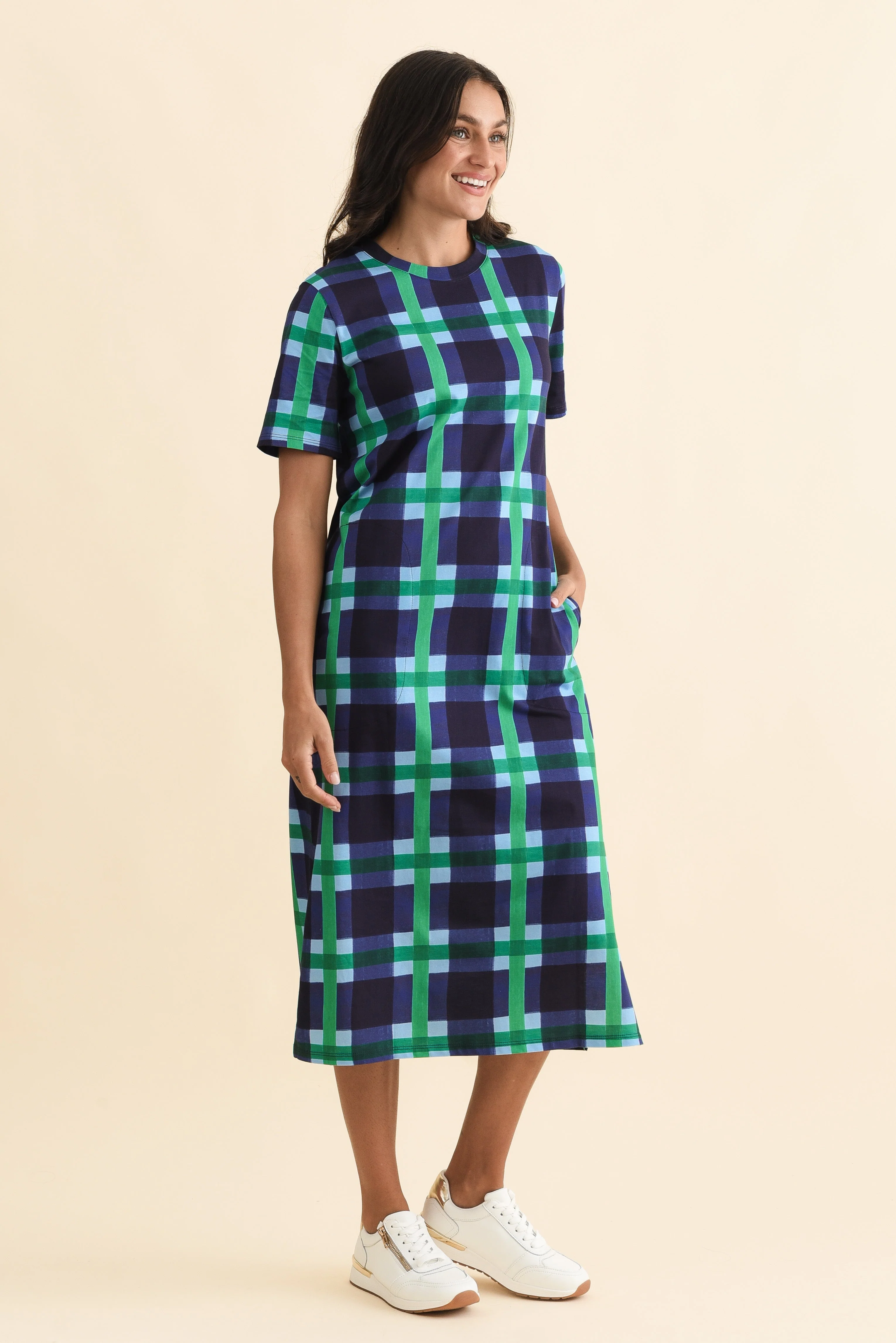 Bari Navy Check Cotton Tee Dress - Image 3