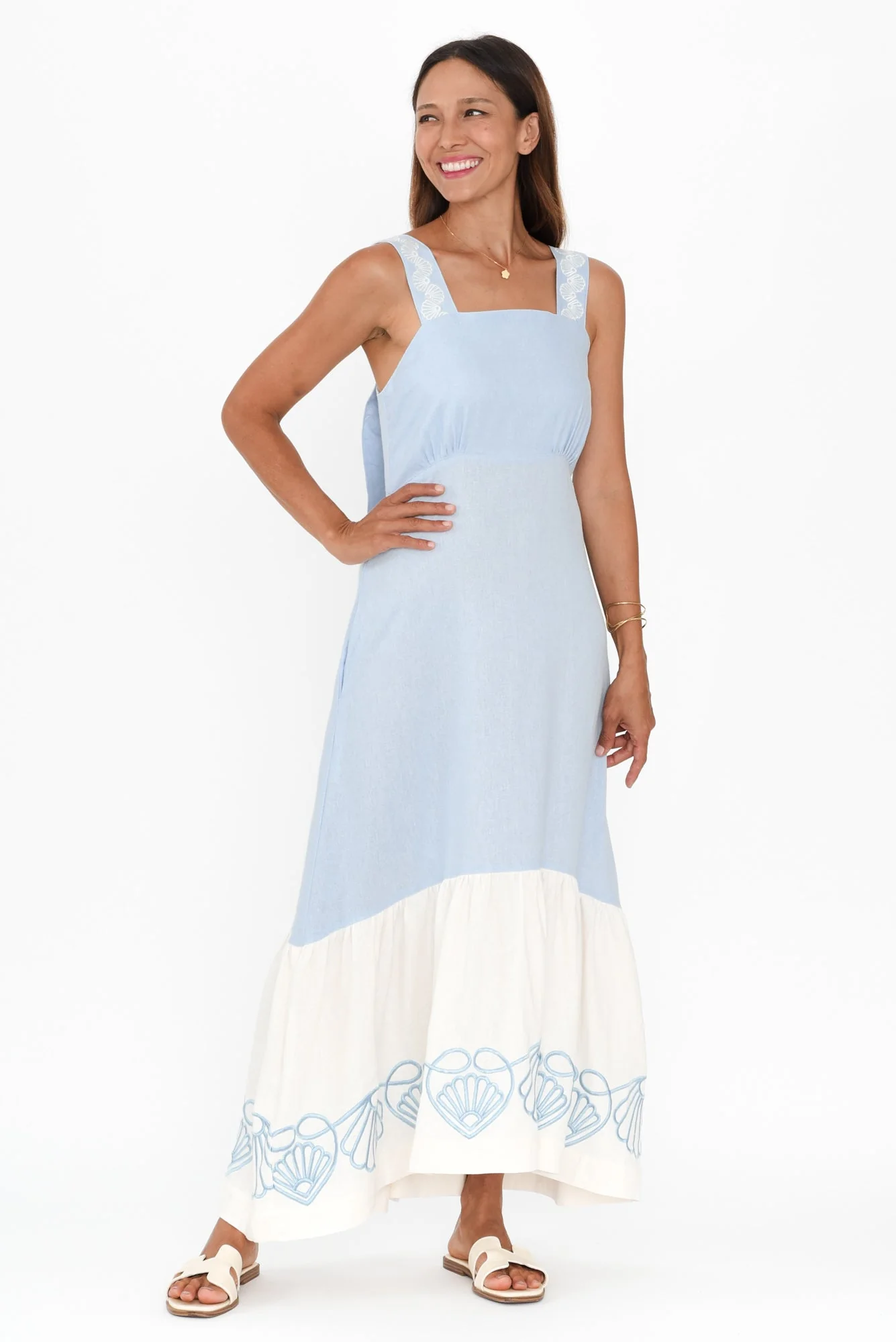 Bateau Blue Seashell Linen Dress
