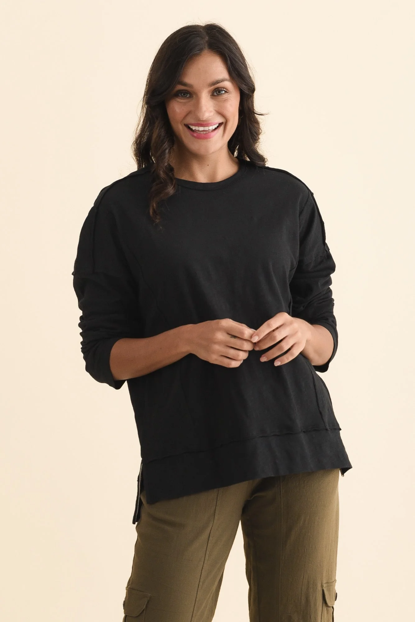 Beatris Black Cotton Long Sleeve Tee