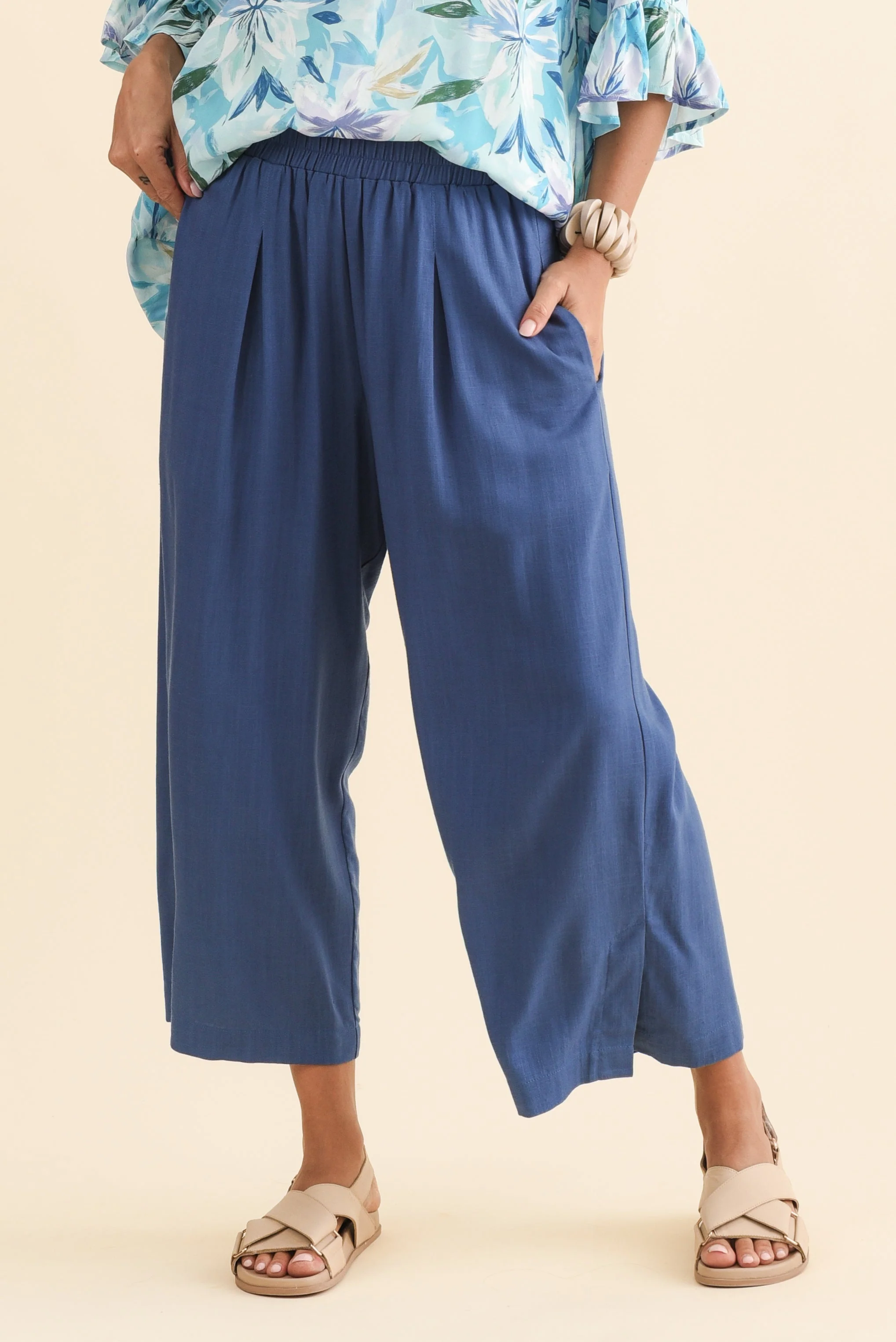 Belinda Blue Linen Blend Cropped Pants