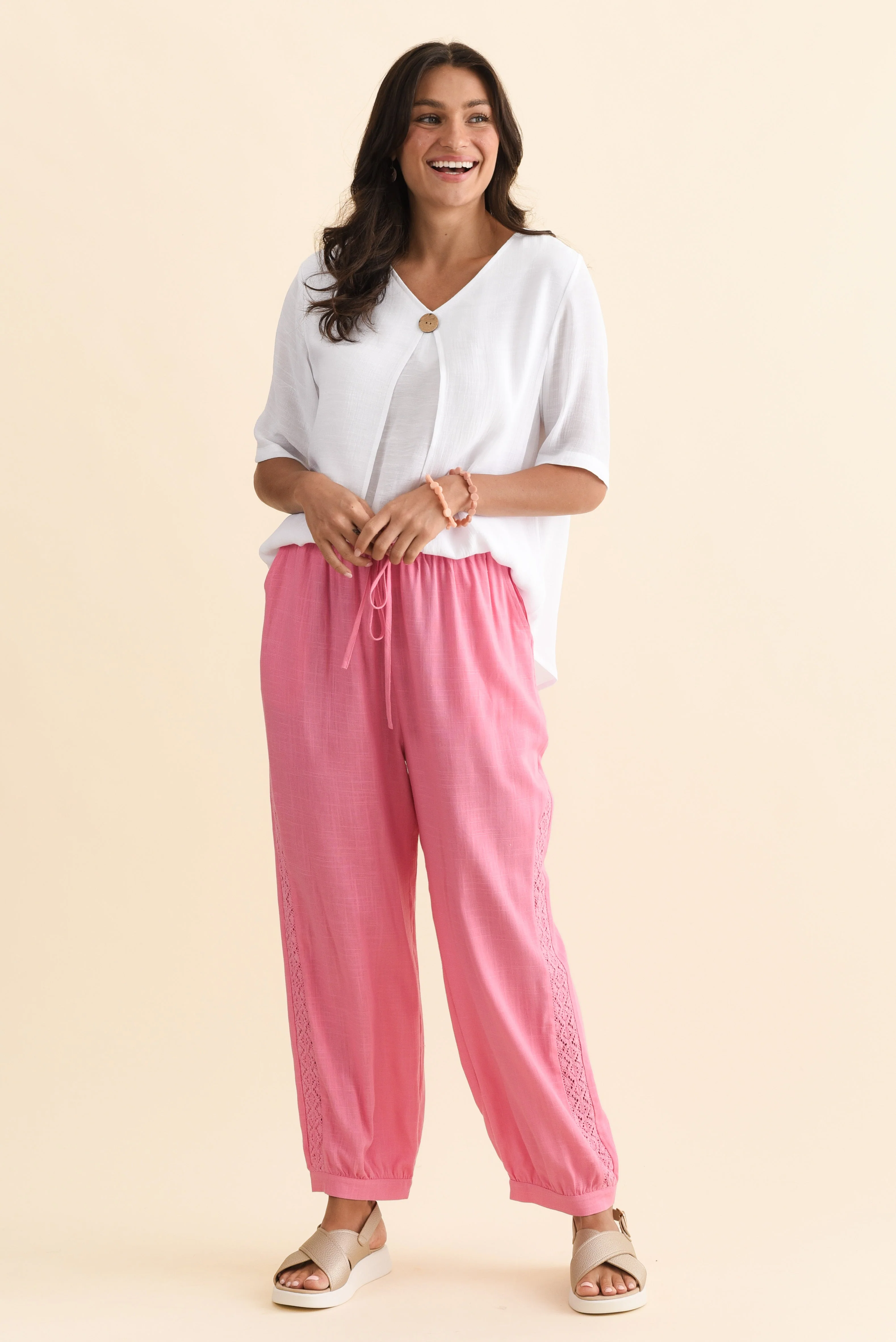 Beretta Pink Lace Linen Blend Pants - Image 3