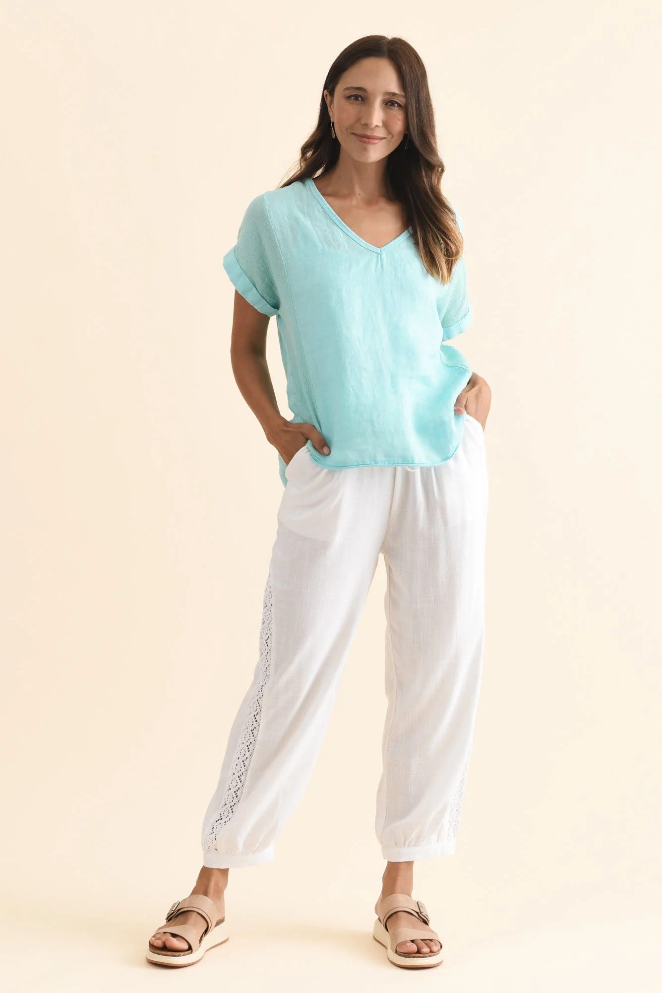 Beretta White Lace Linen Blend Pants - Image 3