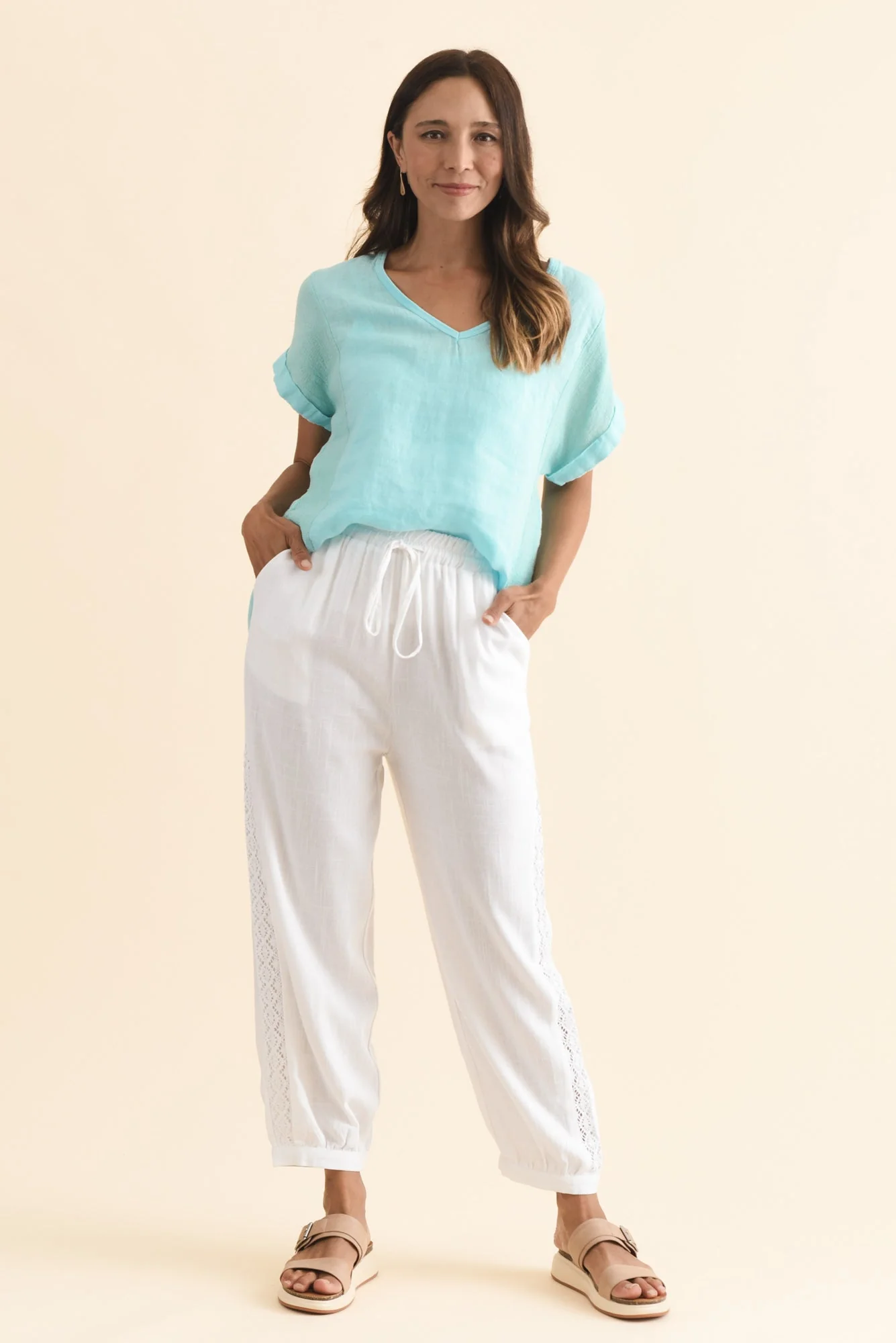 Beretta White Lace Linen Blend Pants - Image 7