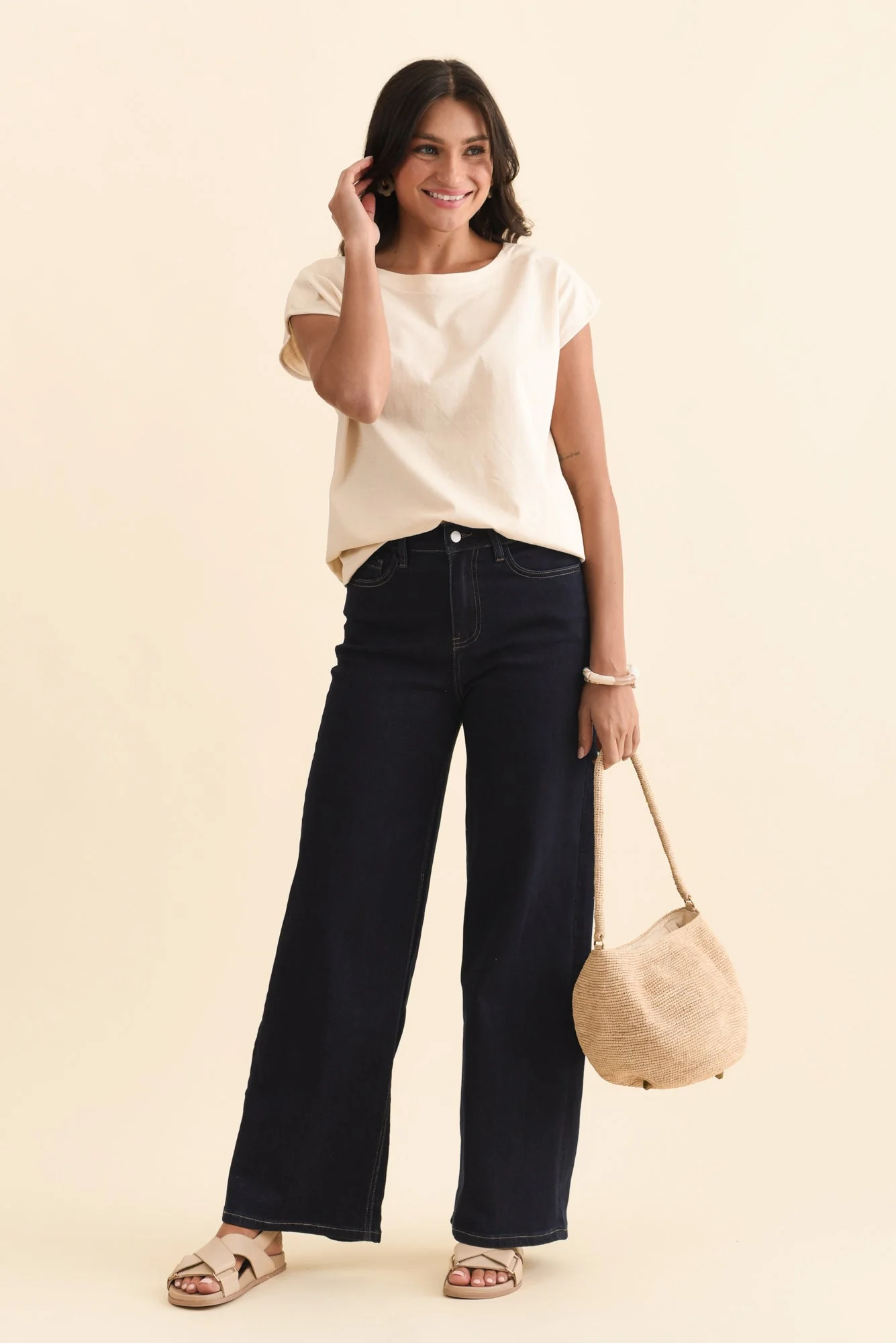 Beth Beige Cotton Boatneck Tee - Image 2