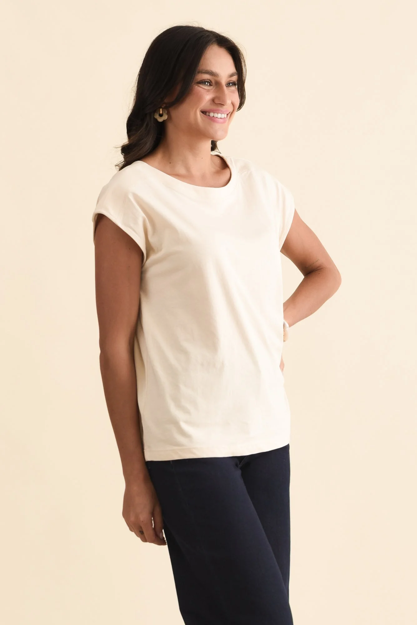 Beth Beige Cotton Boatneck Tee - Image 3