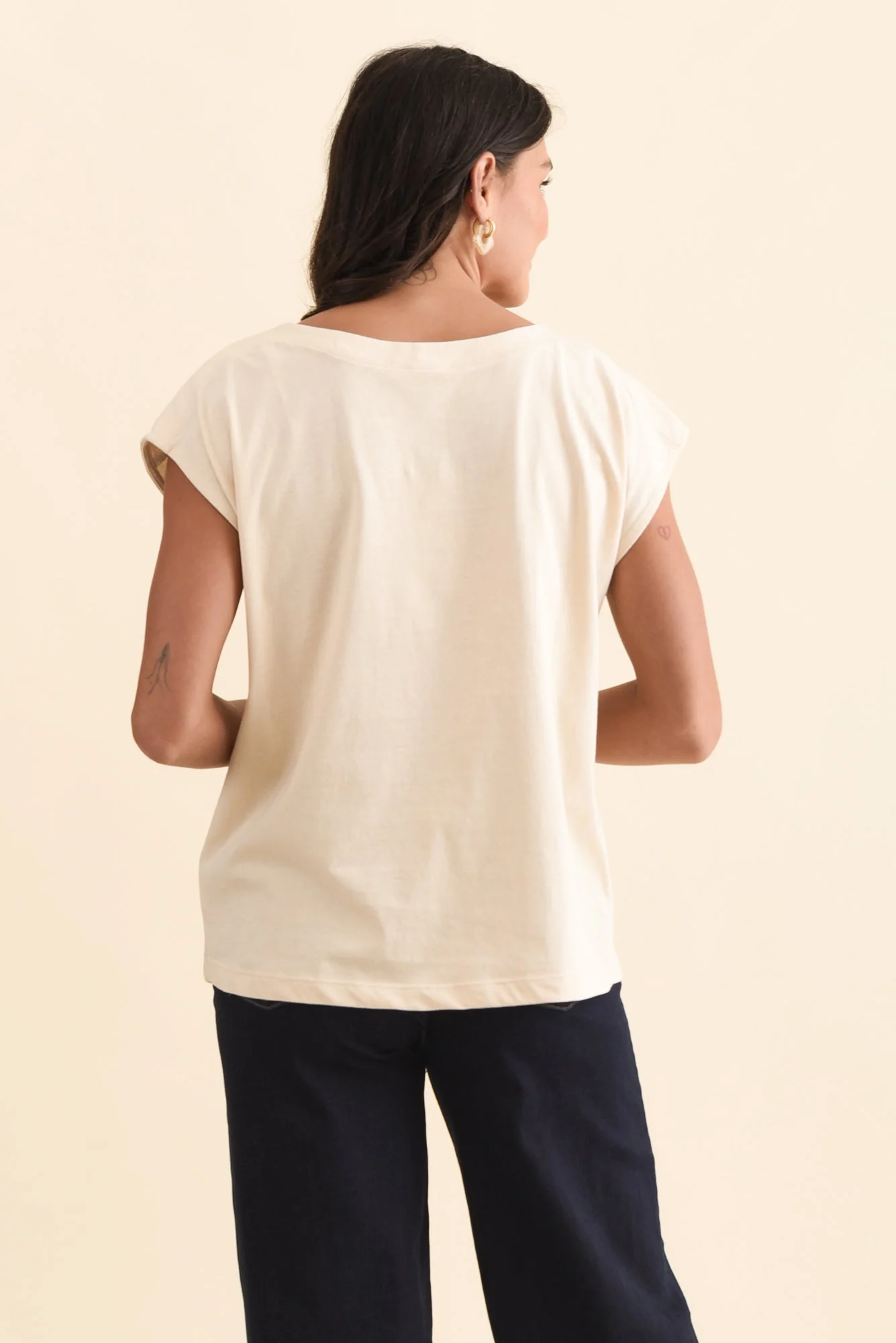 Beth Beige Cotton Boatneck Tee - Image 4