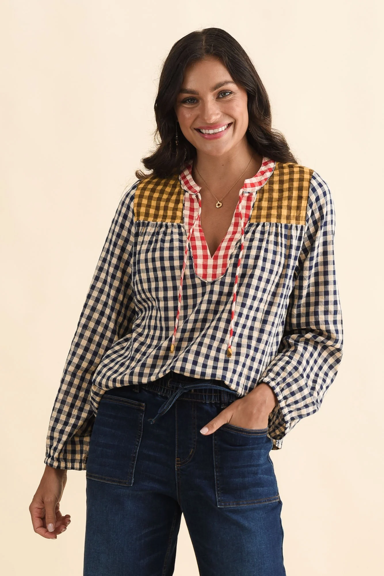 Billie Navy Check Cotton Top