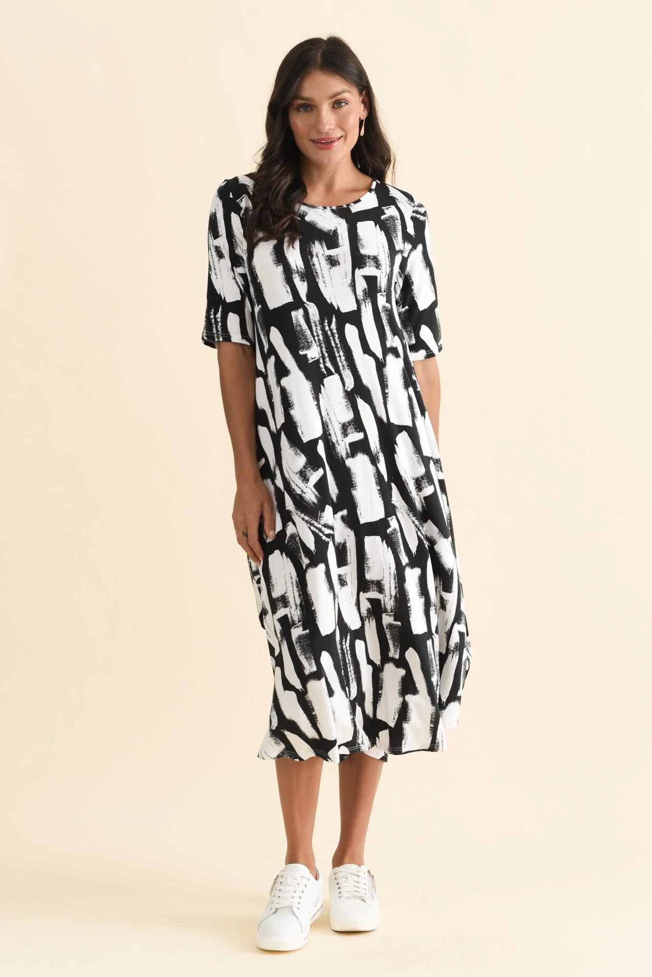 Black Brush Stroke Micro Modal Tri Drape Dress - Image 2