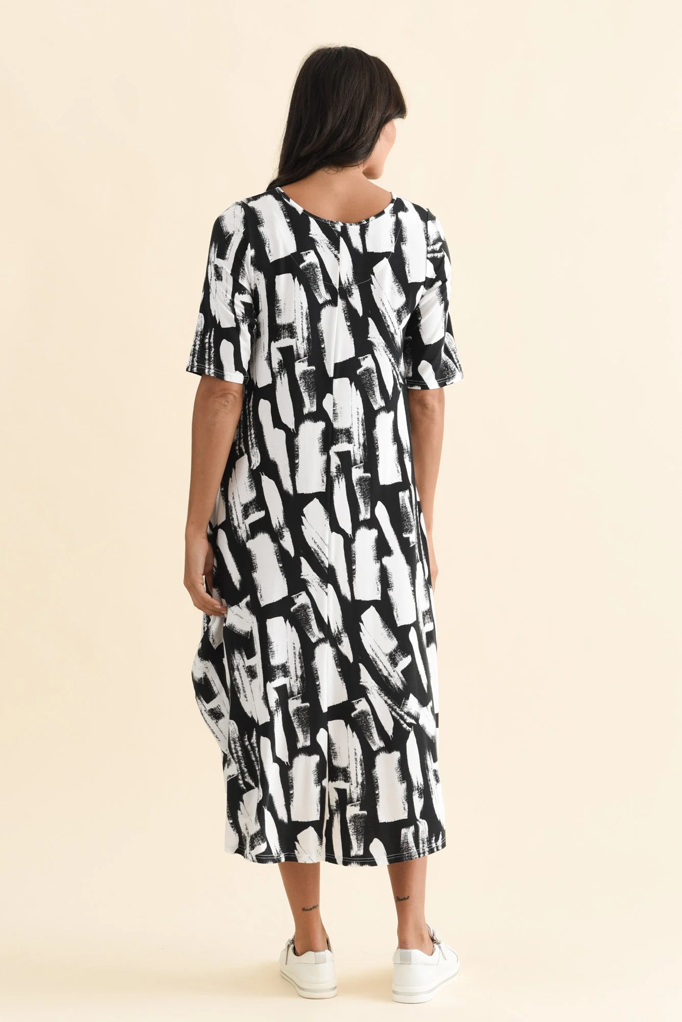 Black Brush Stroke Micro Modal Tri Drape Dress - Image 4