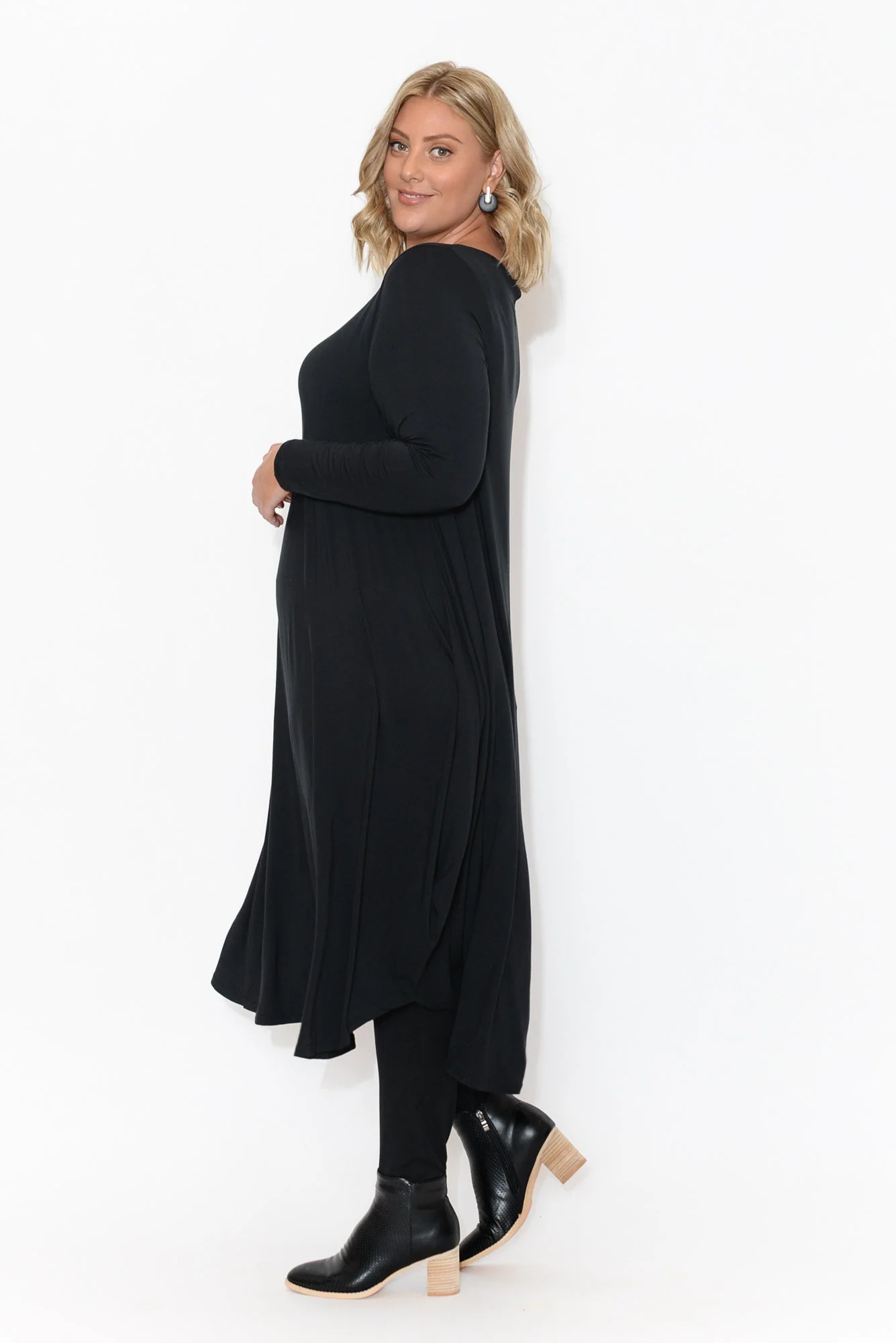 Black Long Sleeved Micro Modal Drape Dress - Image 10