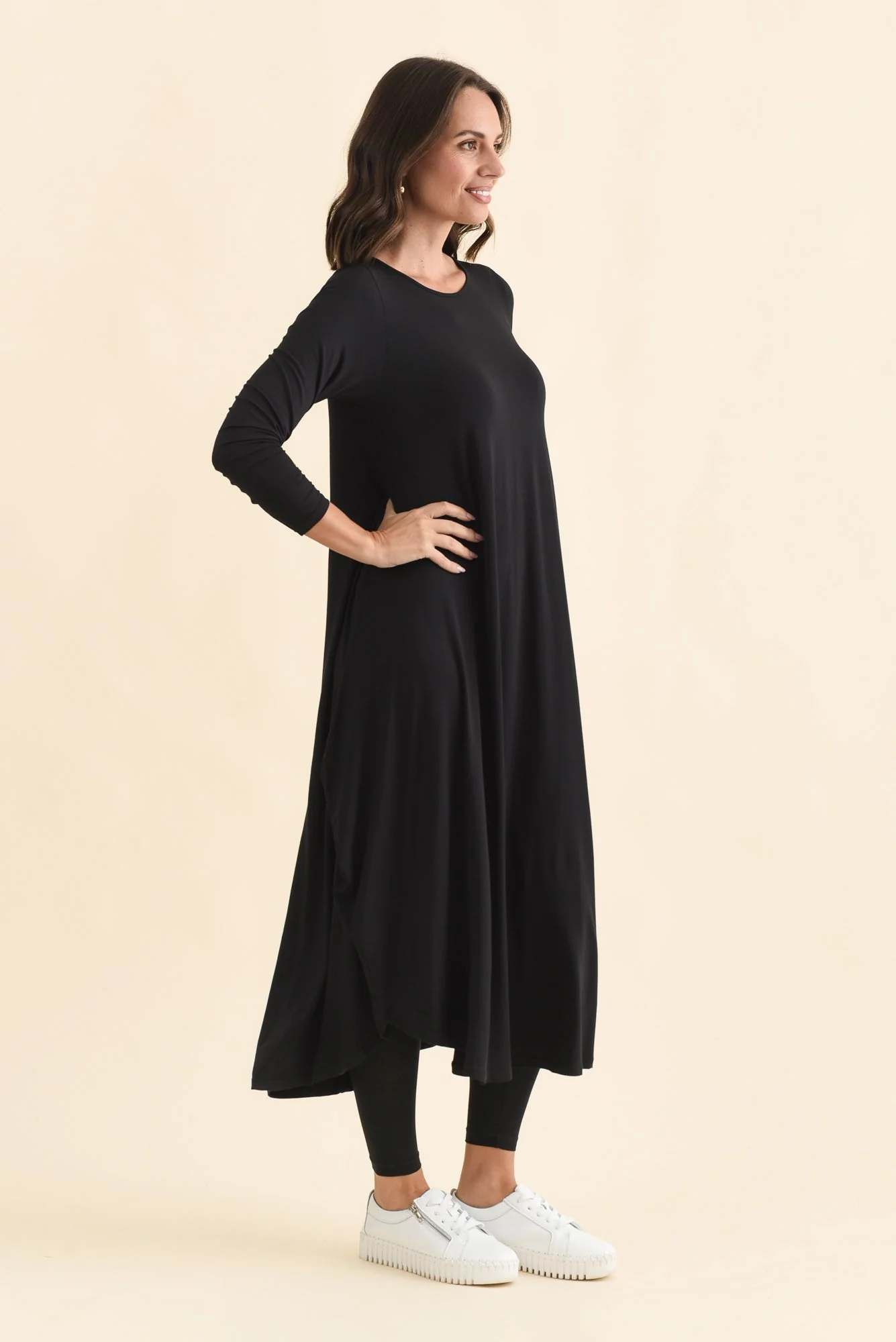Black Long Sleeved Micro Modal Drape Dress - Image 3