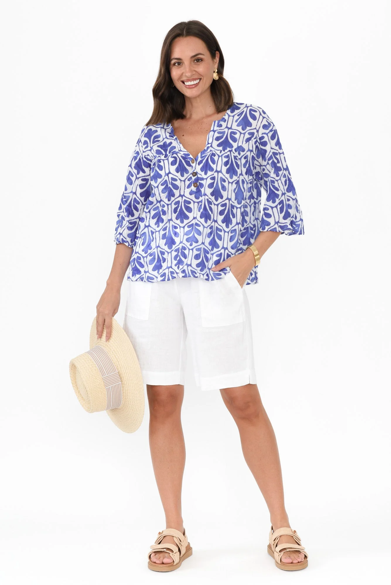 Blaise Blue Abstract Cotton Button Top - Image 2