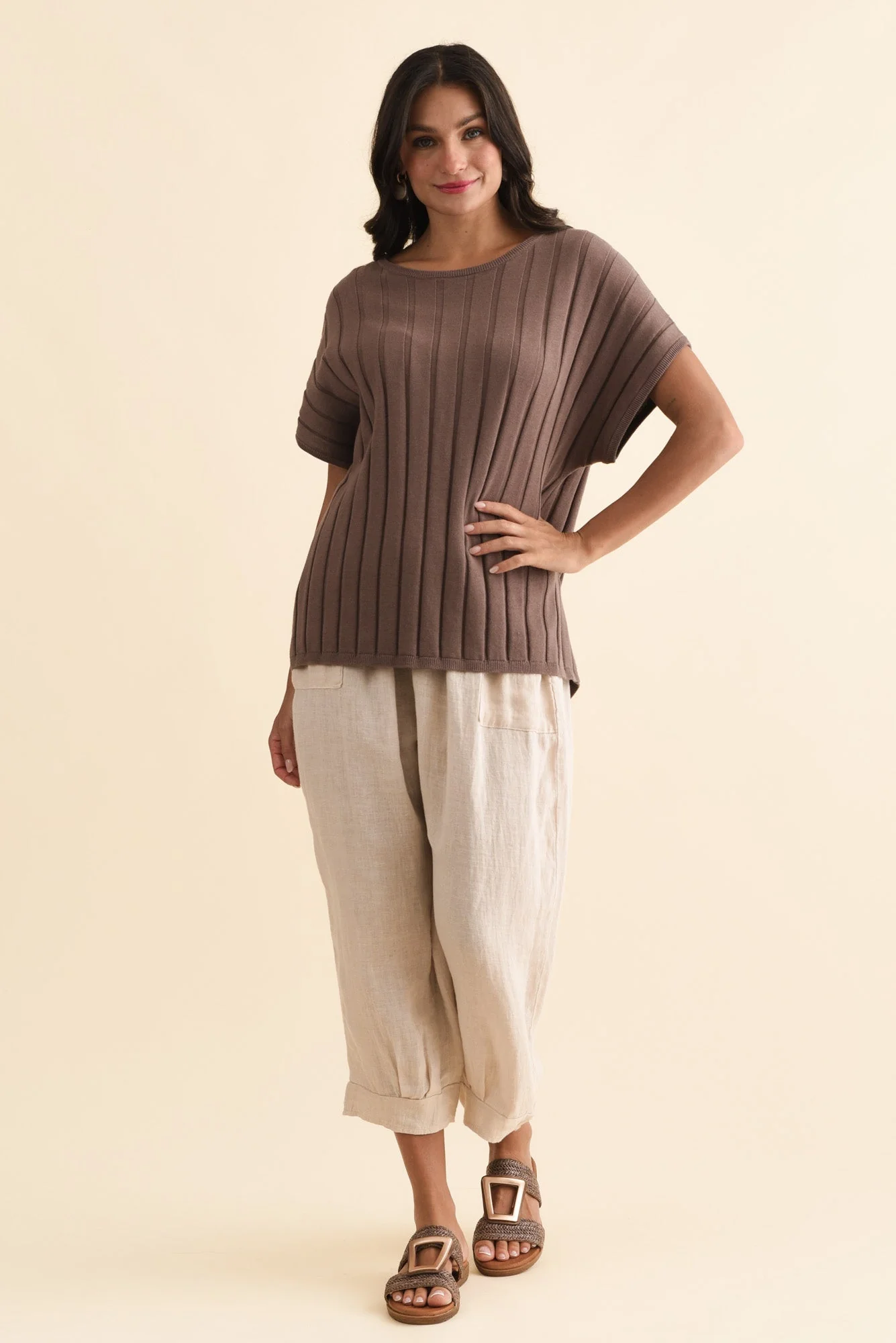 Blake Mocha Cotton Linen Knit Top - Image 7