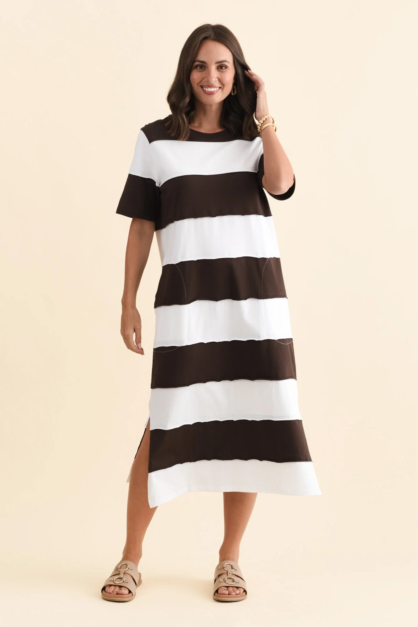 Bold Dark Brown Stripe Cotton Tee Dress - Image 6