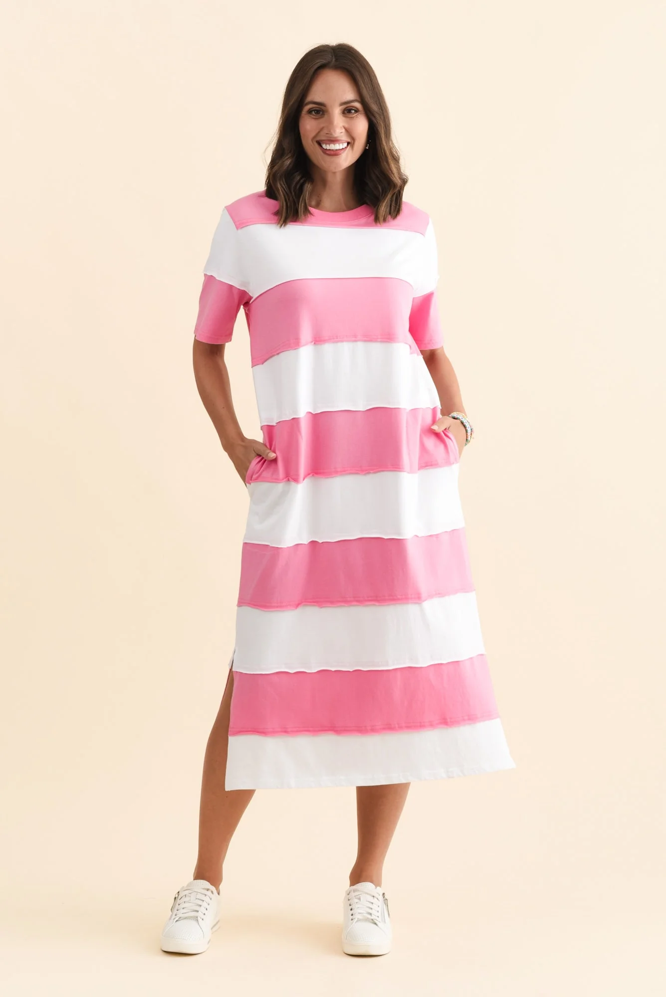Bold Pink Stripe Cotton Tee Dress - Image 3