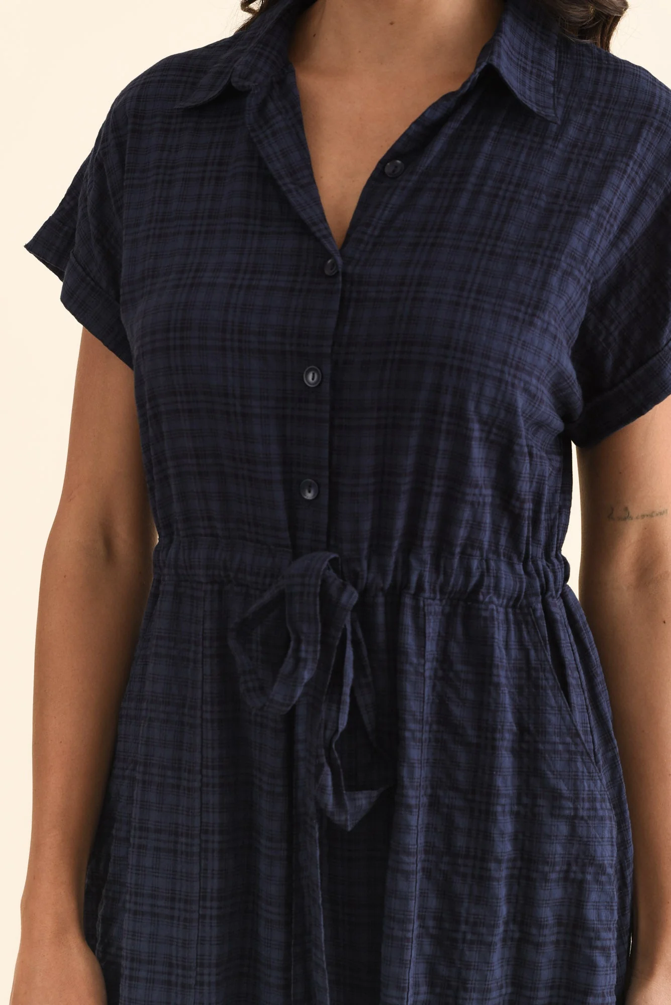 Brydie Navy Check Cotton Blend Dress - Image 5