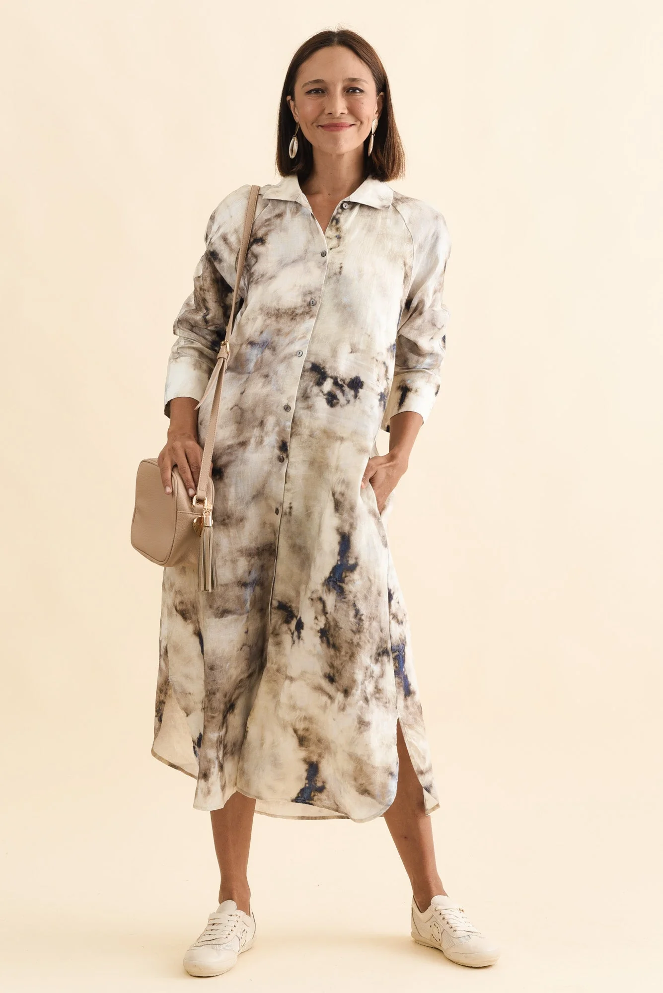 Brylee Taupe Abstract Linen Shirt Dress