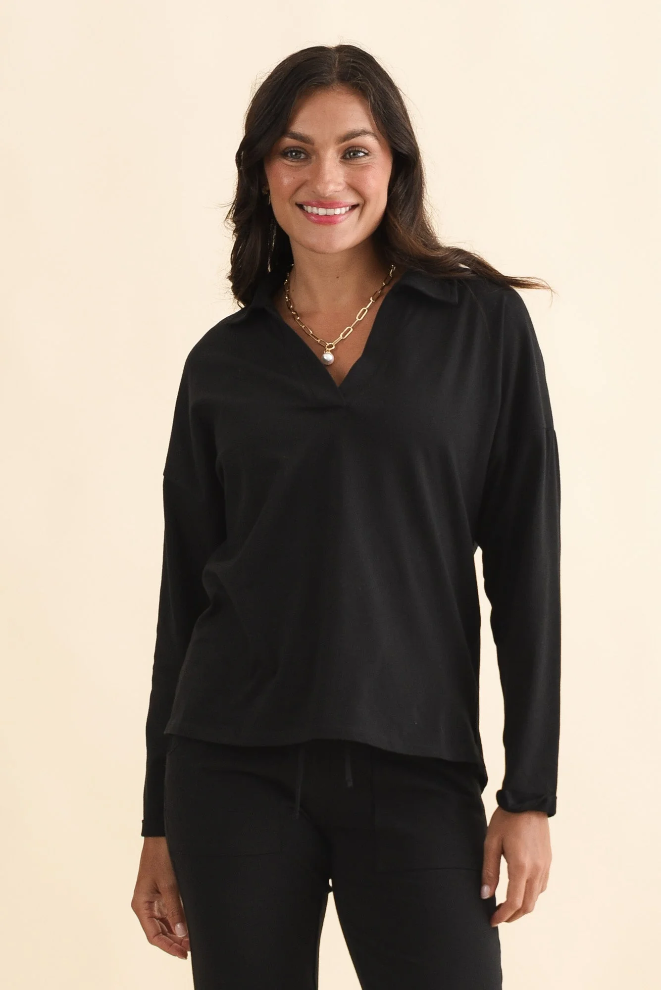 Butler Black Collared Long Sleeve Top
