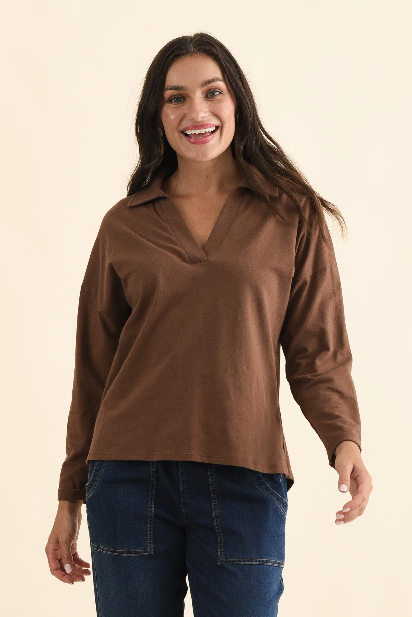 Butler Chocolate Collared Long Sleeve Top