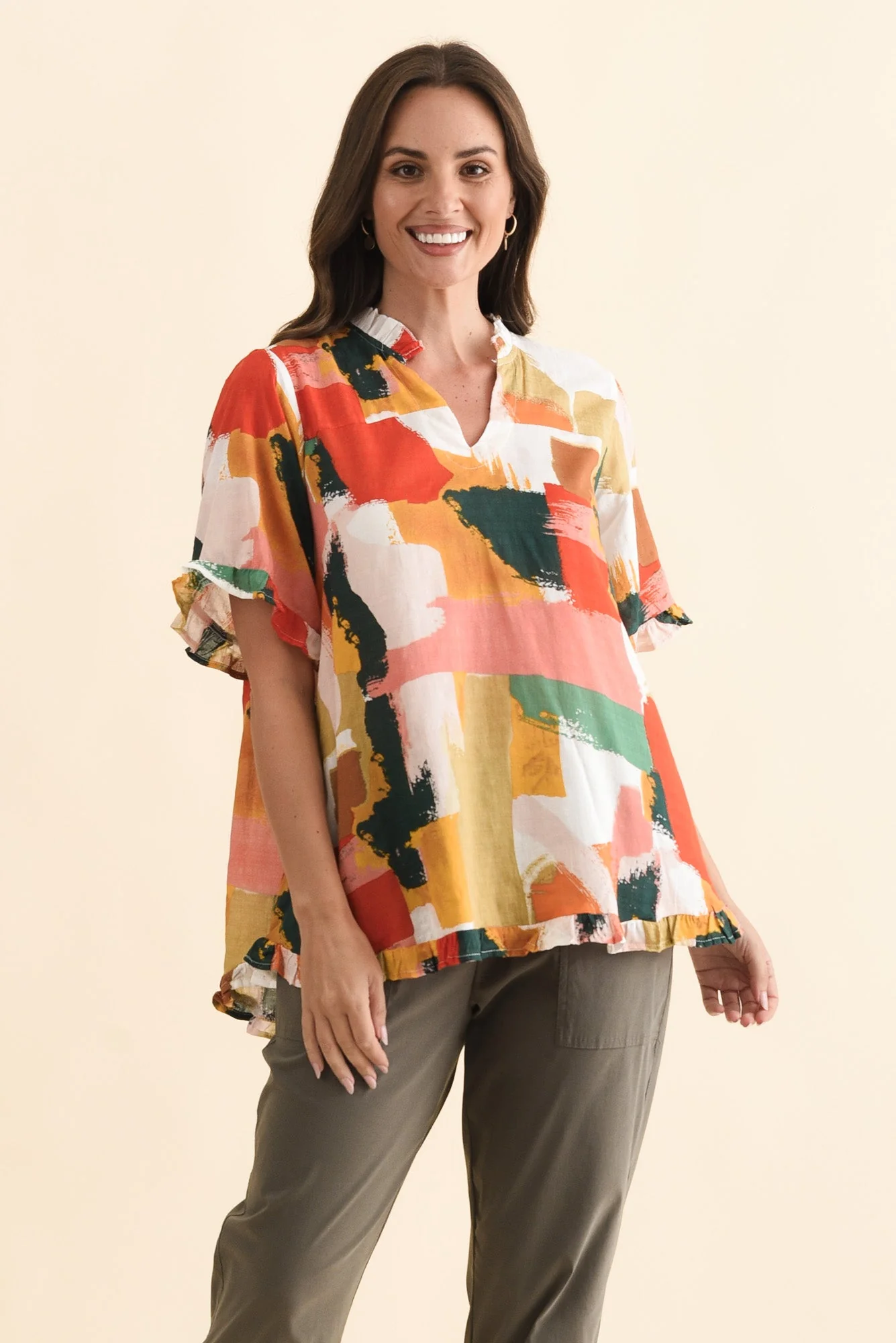 Calm Pink Abstract Ruffle Top