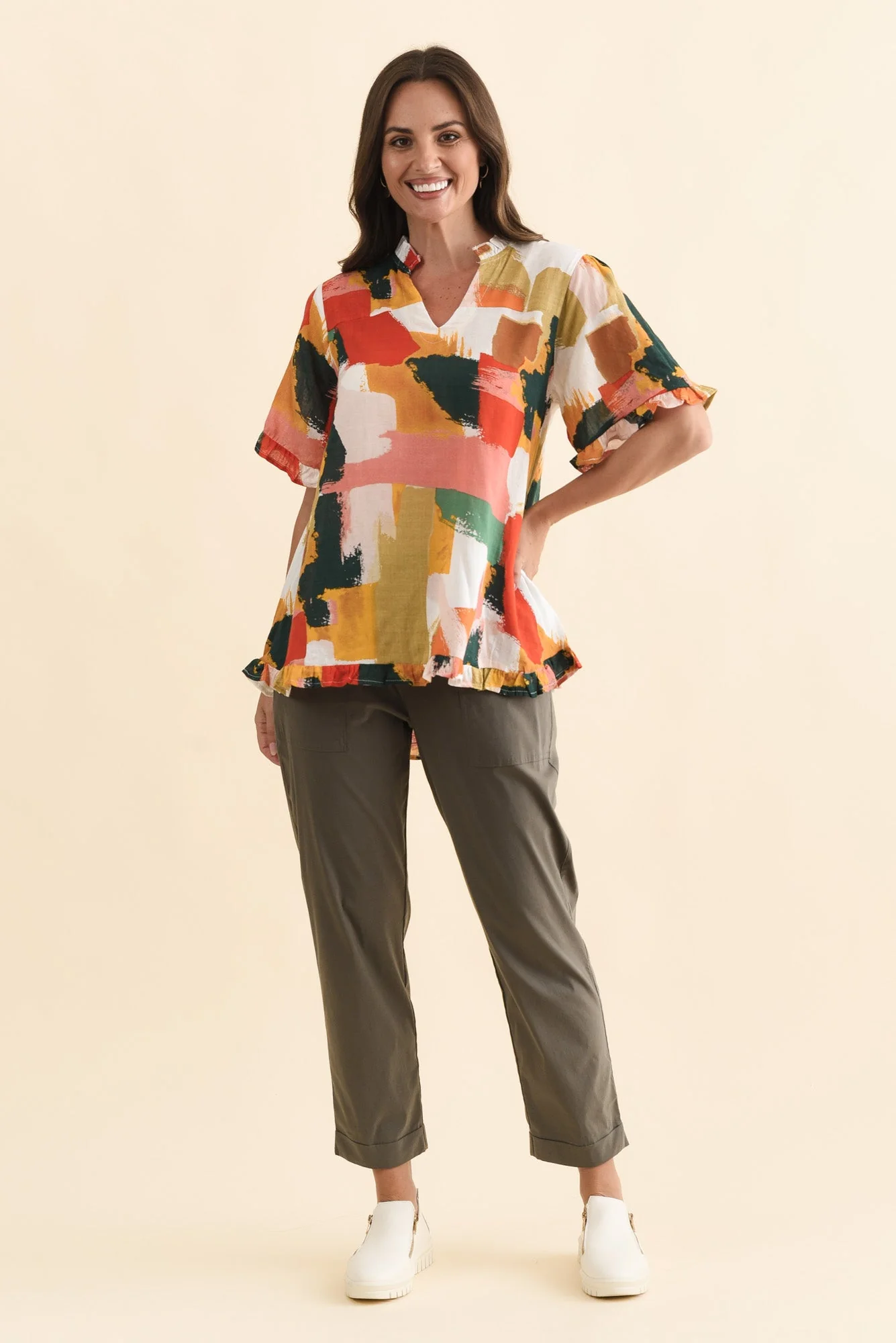 Calm Pink Abstract Ruffle Top - Image 2