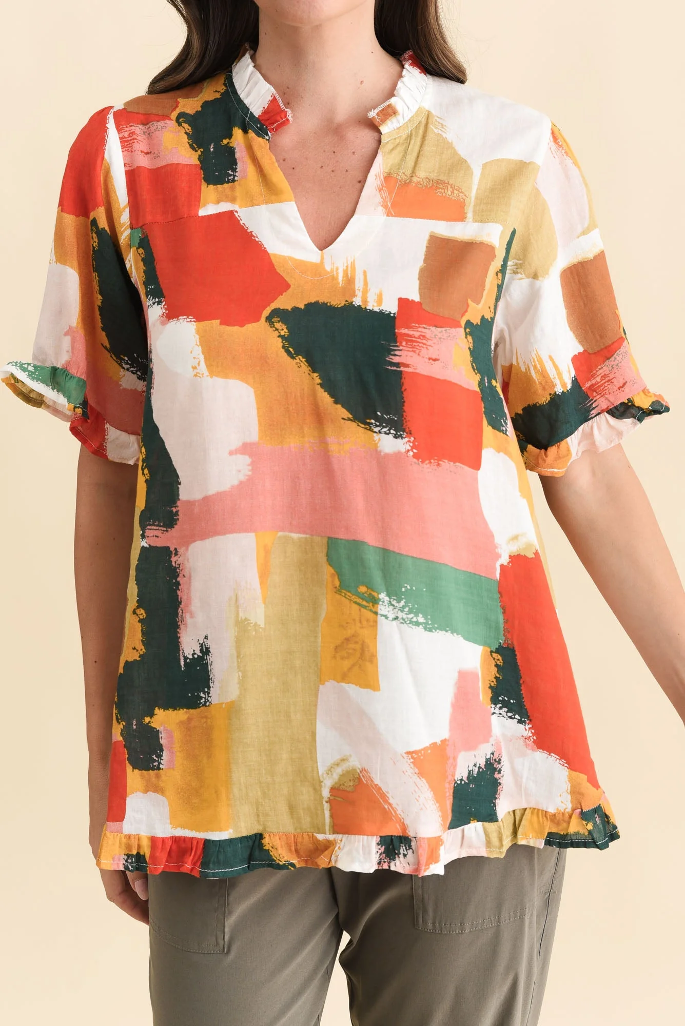 Calm Pink Abstract Ruffle Top - Image 5